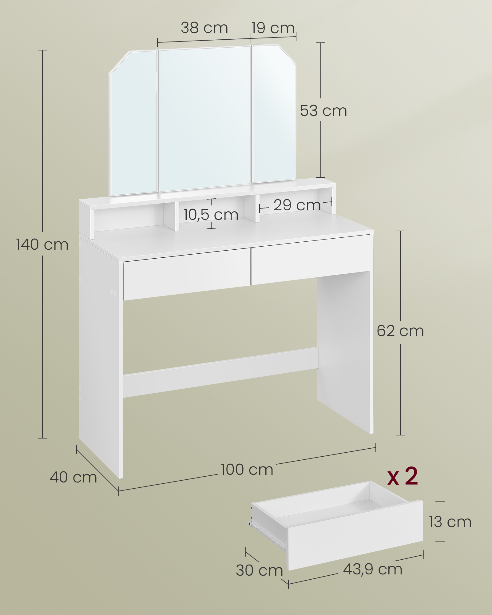 Tualetinis staliukas su atlenkiamu veidrodžiu, 2 stalčiais ir 3 atviromis lentynomis, baltas - Image 6
