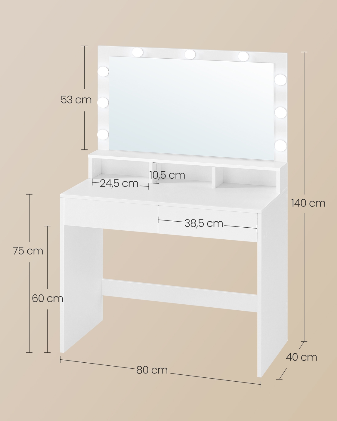 Tualetinis staliukas su veidrodžiu, 9 LED lemputėmis, 2 stalčiais, baltas, 80 x 40 x 140 cm - Image 5