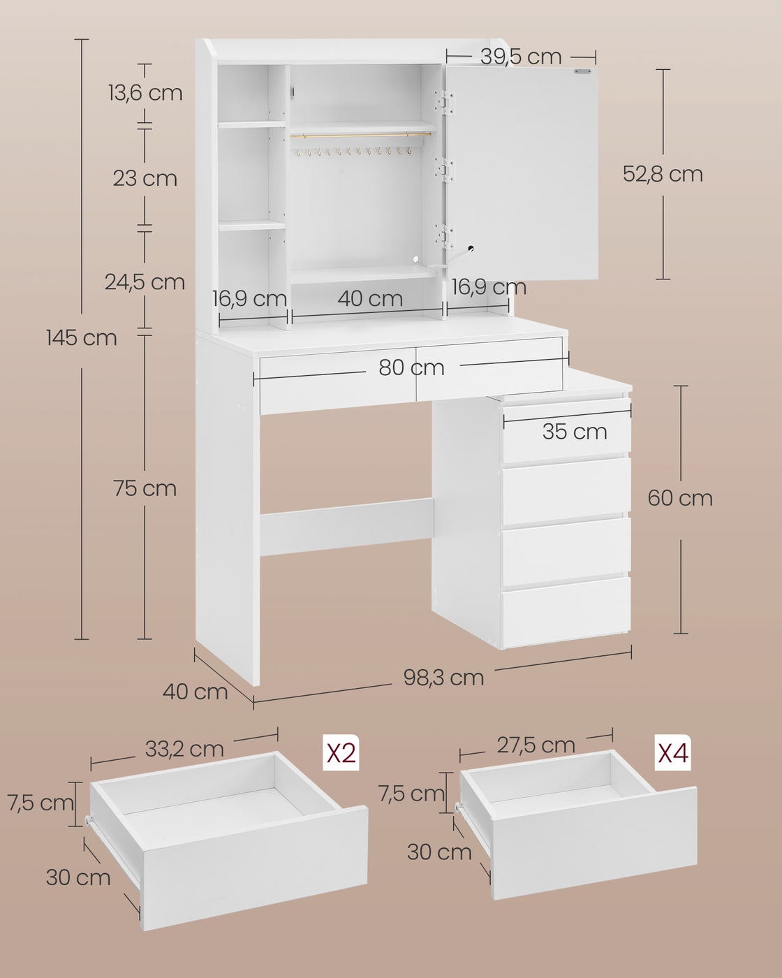 Kosmētikas galds ar LED apgaismojumu, spoguli un atvilktnēm, 40 x 98,3 x 145 cm, balts - Image 5