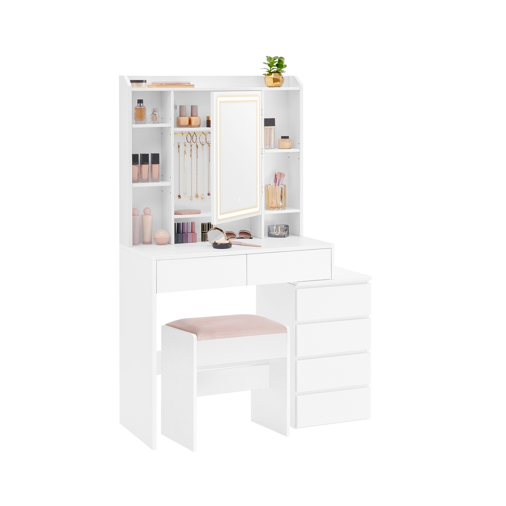 Jumestuslaud LED-valgustuse, peegli ja tumbaga, 98,3 x 40 x 145 cm, valge