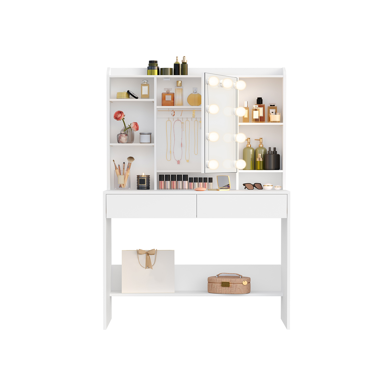 Jumestuslaud peegli, 2 sahtli ja LED-valgustusega, 40 x 90 x 144,7 cm, valge