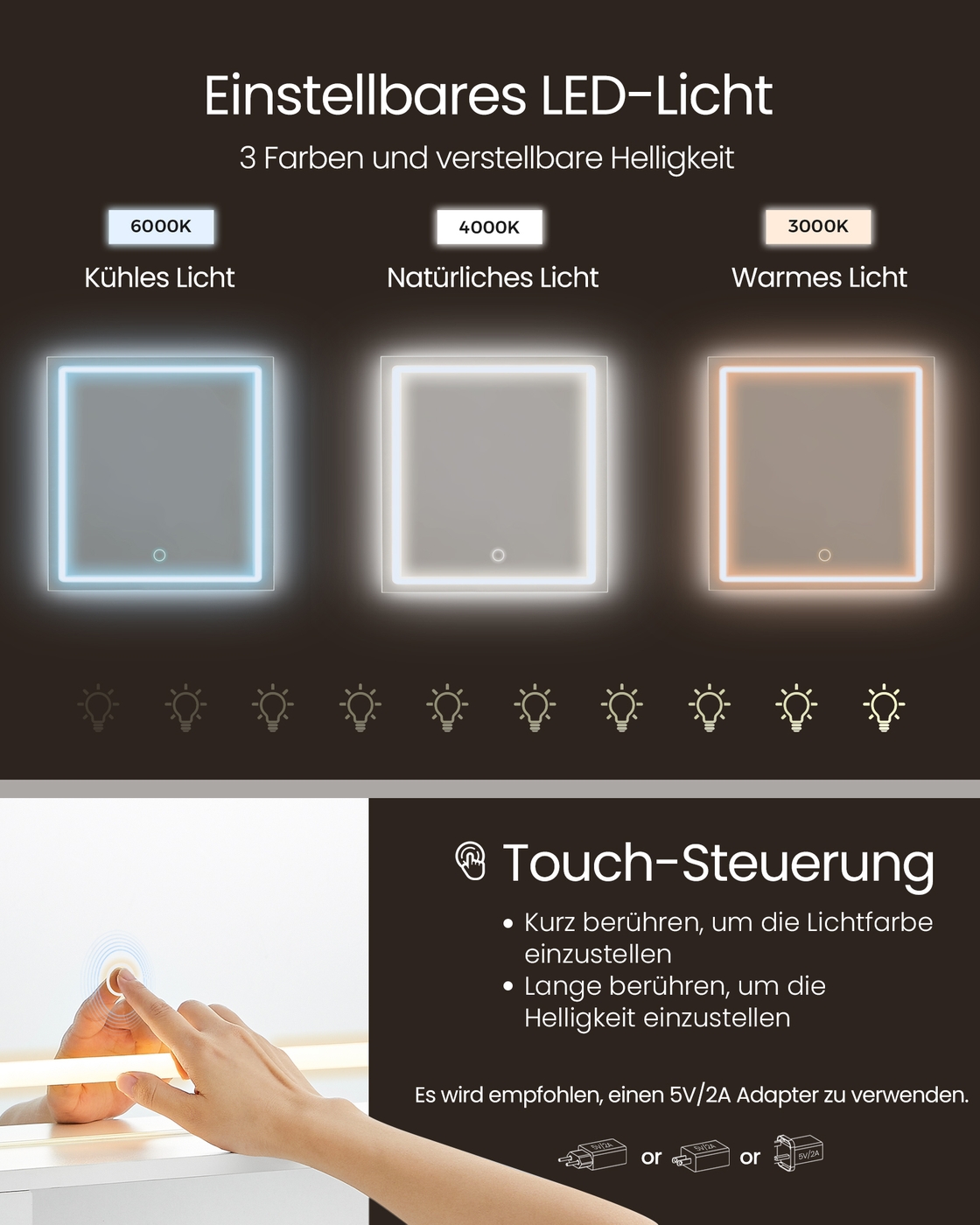 Kosmētikas galds ar LED apgaismojumu, 90 x 40 x 138 cm, balts - Image 3