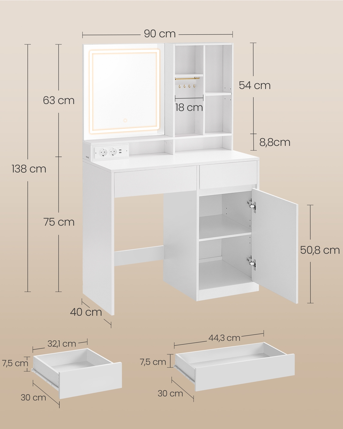 Kosmētikas galds ar LED apgaismojumu, 90 x 40 x 138 cm, balts - Image 6