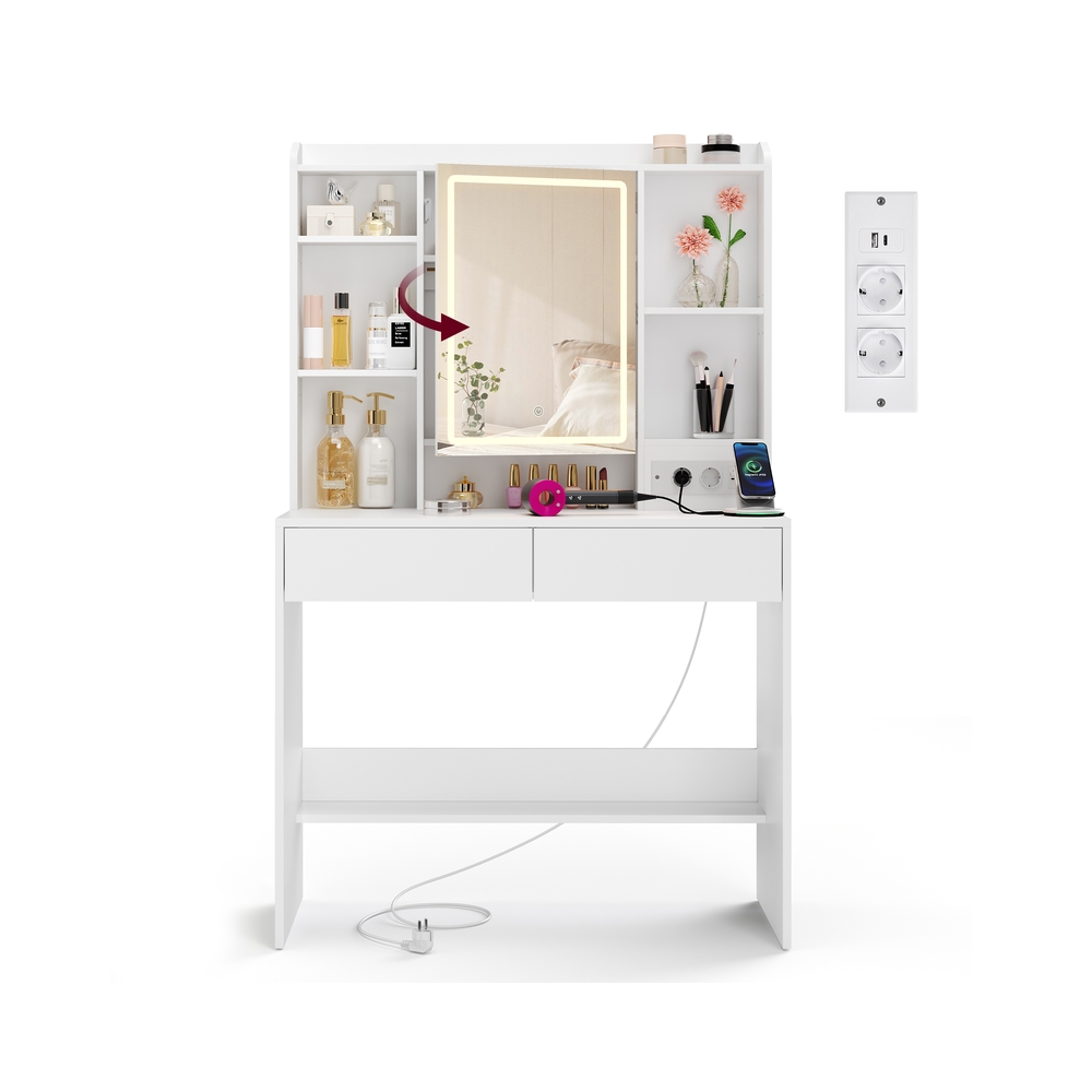 Jumestuslaud reguleeritava LED-peegliga, 2 sahtliga, valge, 40 x 90 x 145 cm