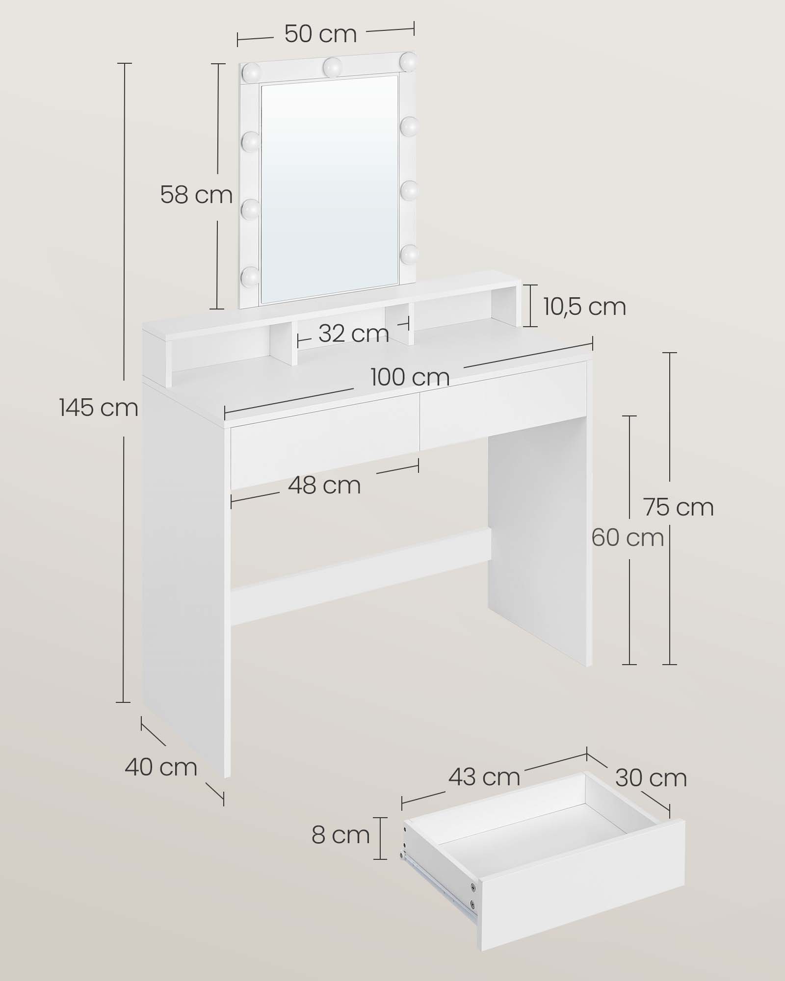 Tualetinis staliukas su LED apšvietimu, baltas, 40 x 100 x 145 cm, su veidrodžiu - Image 6
