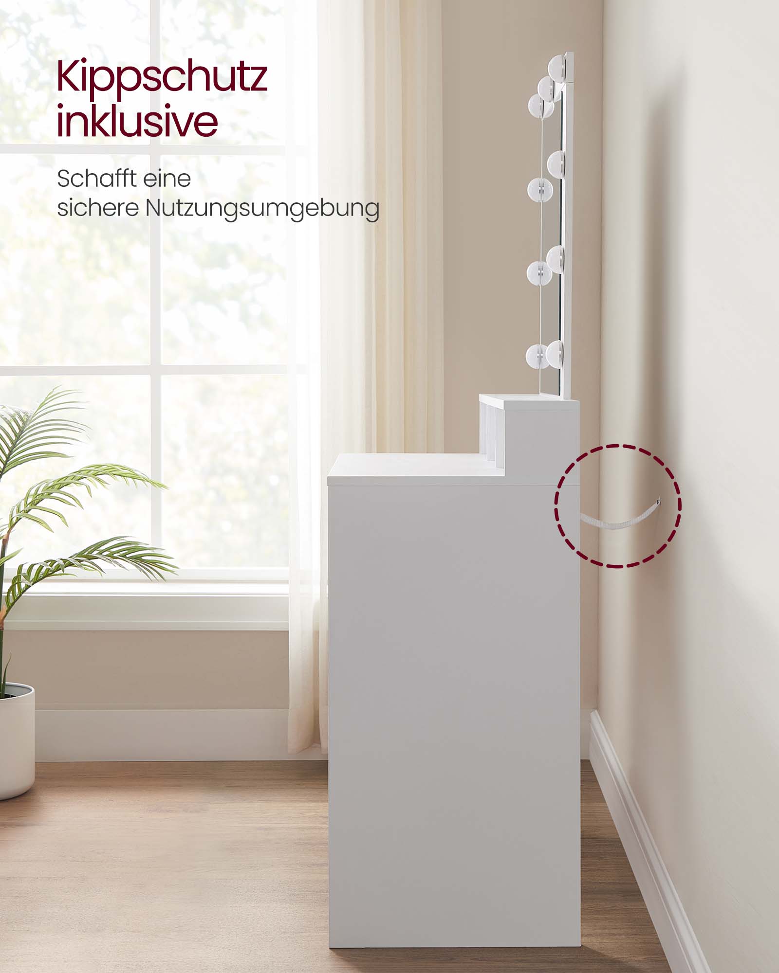 Tualetinis staliukas su LED apšvietimu, baltas, 40 x 100 x 145 cm, su veidrodžiu - Image 7