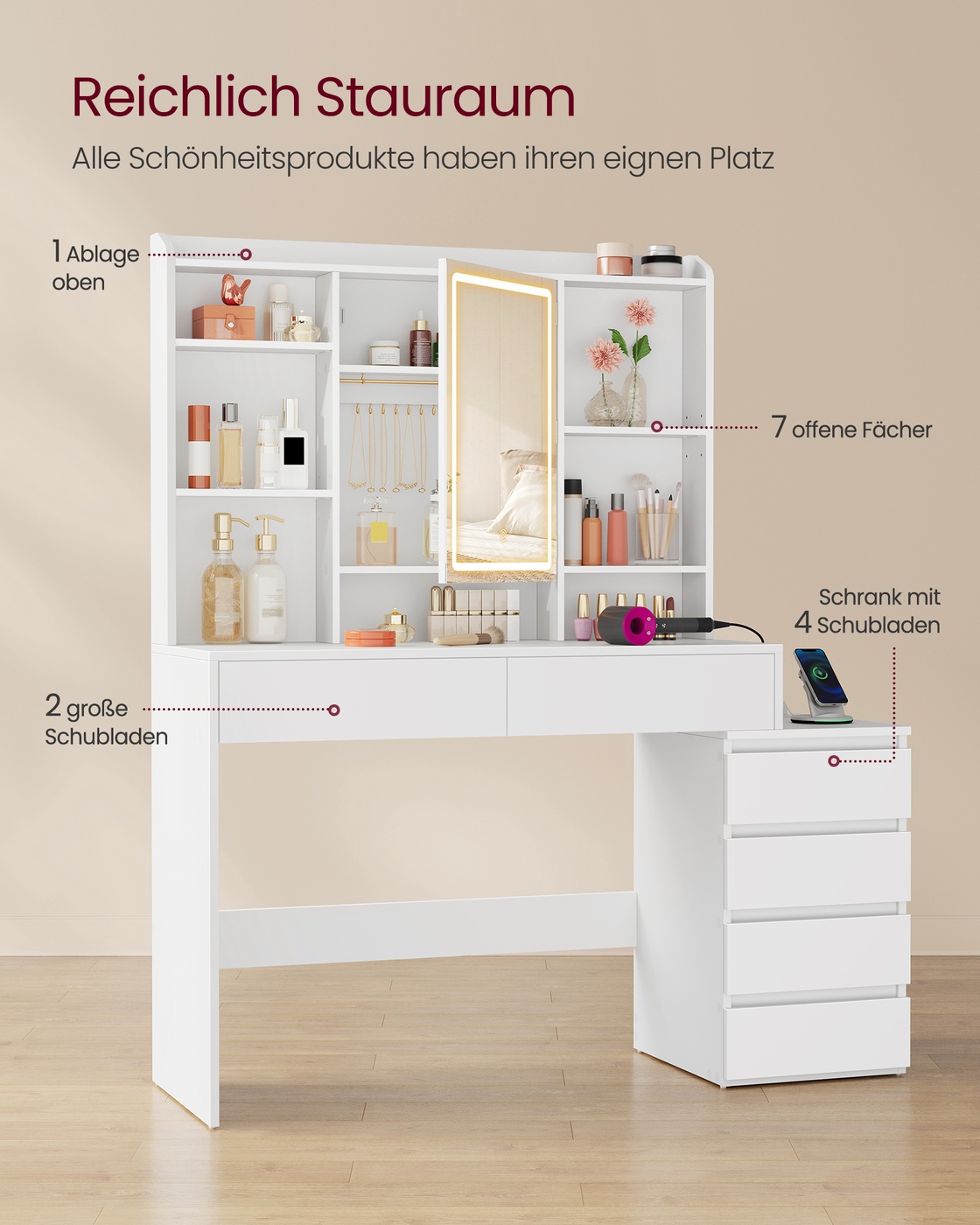 Kosmetinis staliukas su LED veidrodžiu, 40 x 124,7 x 145 cm, debesų baltos spalvos - Image 3
