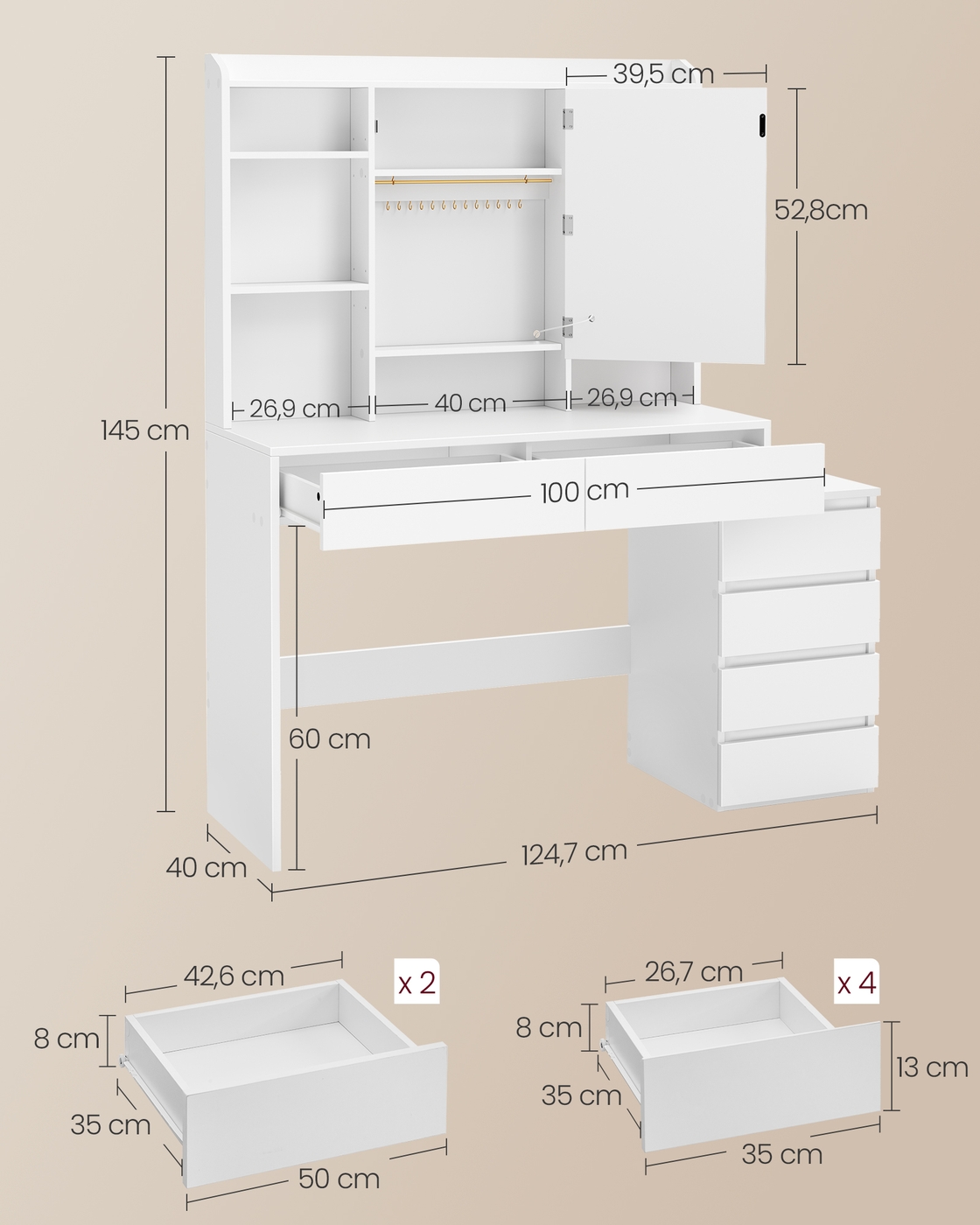 Kosmetinis staliukas su LED veidrodžiu, 40 x 124,7 x 145 cm, debesų baltos spalvos - Image 6
