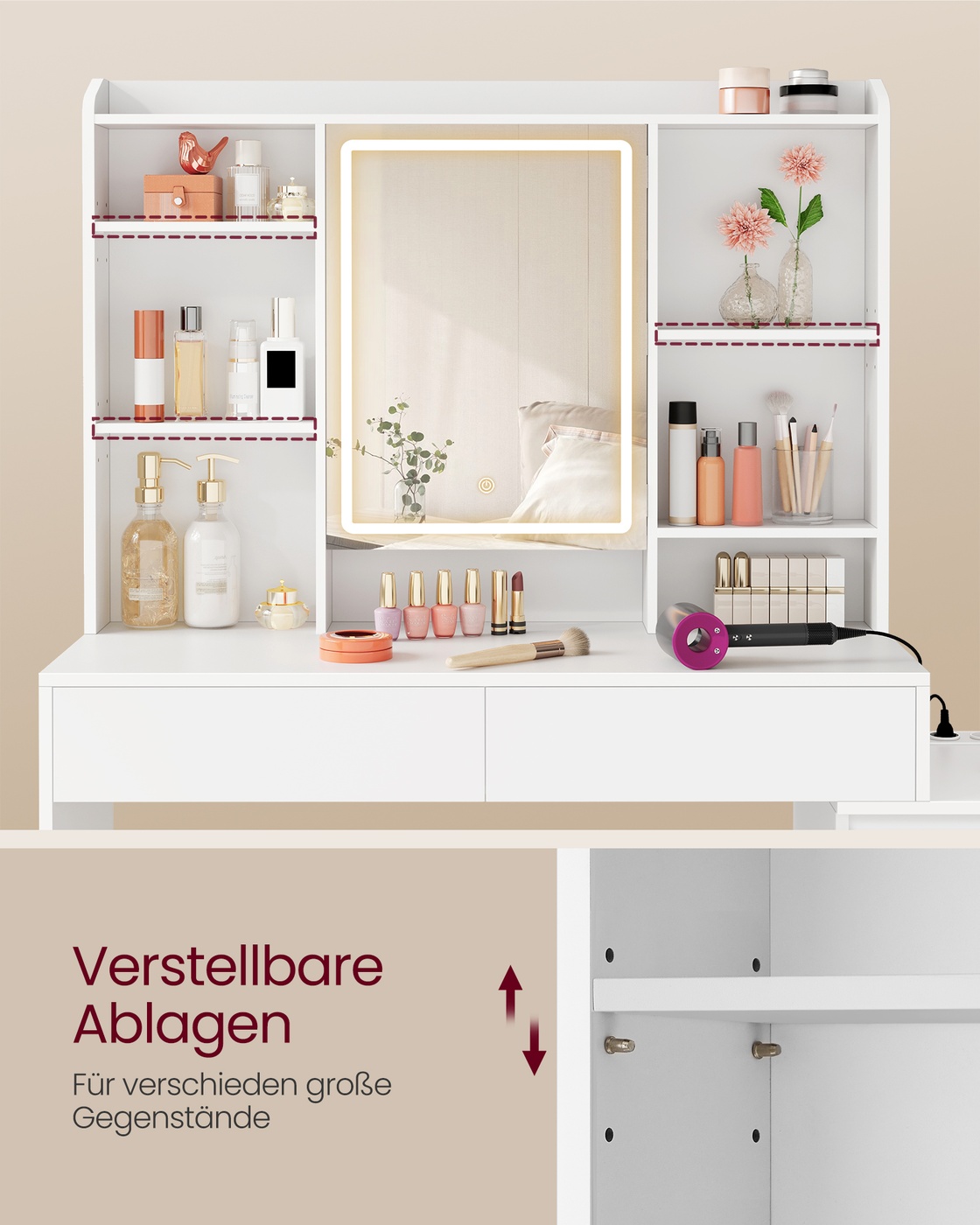Kosmetinis staliukas su LED veidrodžiu, 40 x 124,7 x 145 cm, debesų baltos spalvos - Image 7
