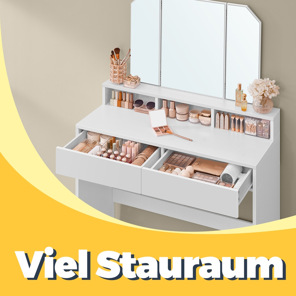 Tualetinis staliukas su atlenkiamu veidrodžiu, 2 stalčiais ir 3 atviromis lentynomis, baltas - Image 3