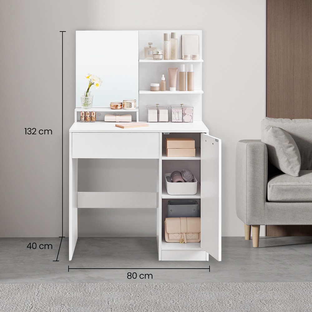 Kosmētikas galds ar spoguli, 80 x 40 x 132 cm, 1 atvilktne, 2 plaukti, balts - Image 3