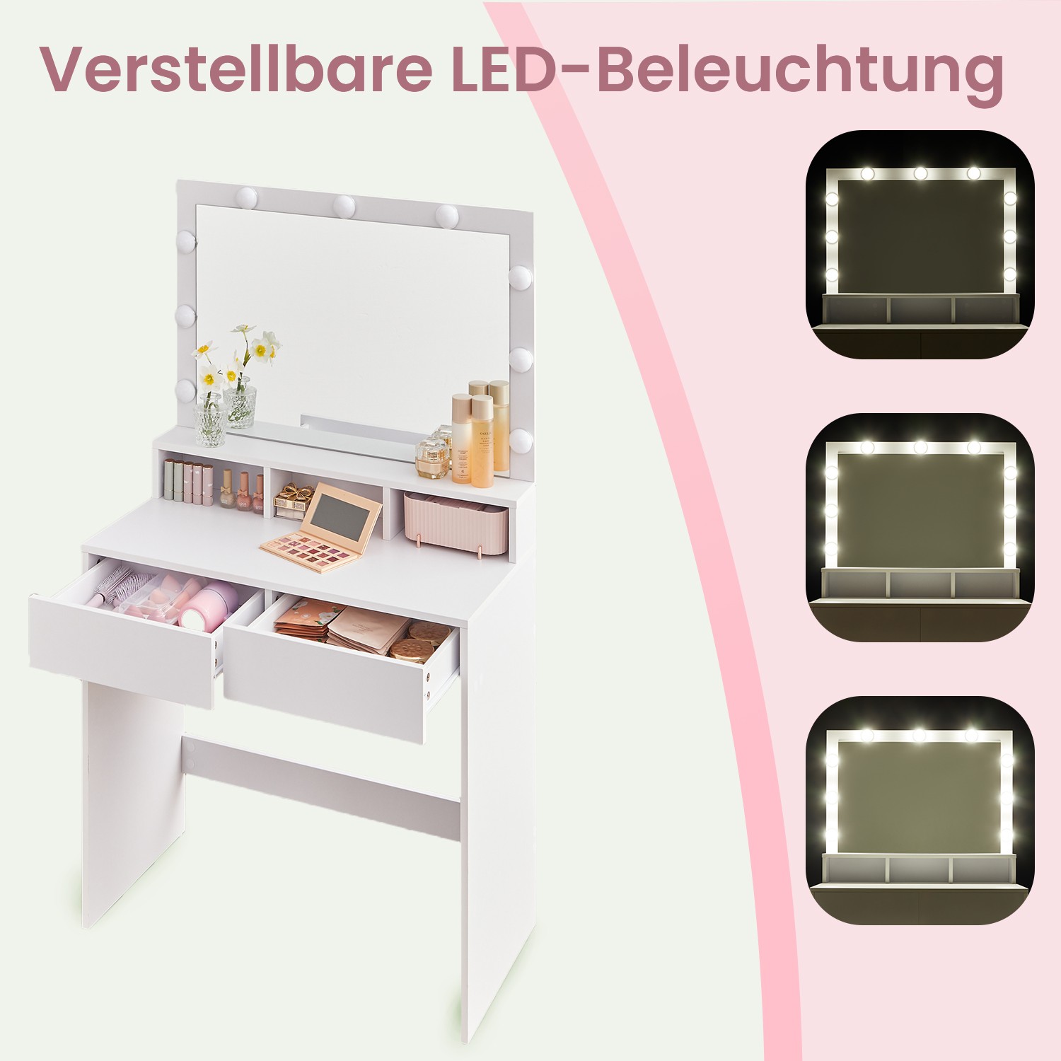 Tualetinis staliukas su veidrodžiu ir LED apšvietimu, 80 x 40 x 140 cm, baltas - Image 5