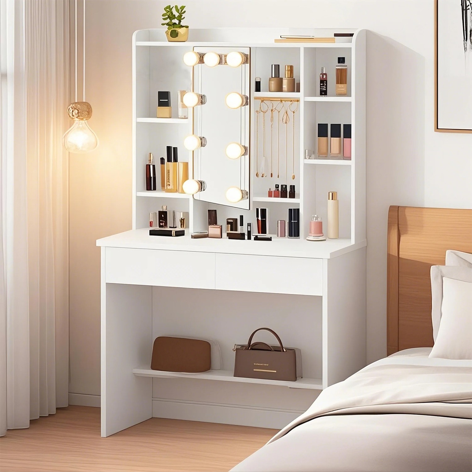 Jumestuslaud peegli ja LED-valgustusega, reguleeritavad riiulid, 40 x 90 x 144,7 cm, valge
