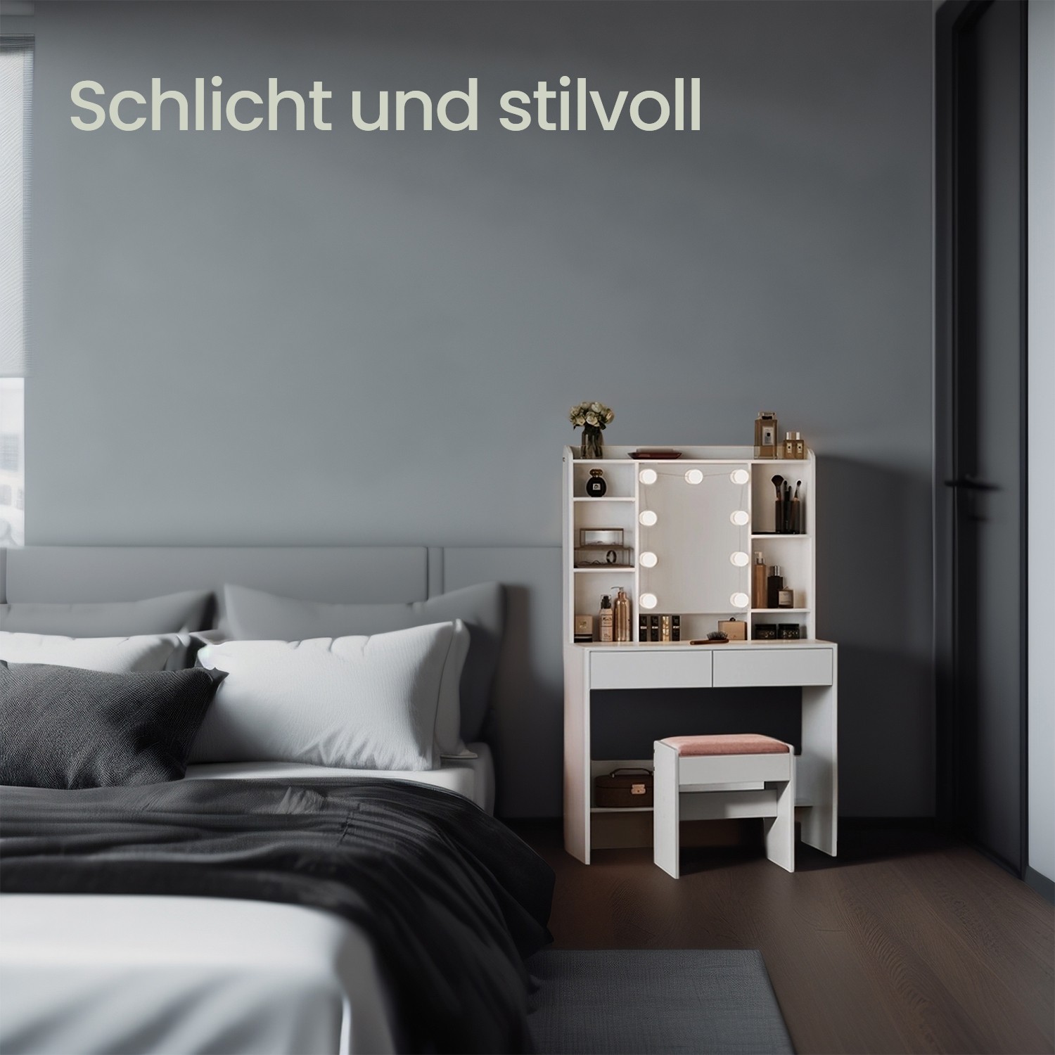 Kosmētikas galds ar spoguli un LED apgaismojumu, regulējami plaukti, 40 x 90 x 144,7 cm, balts - Image 3