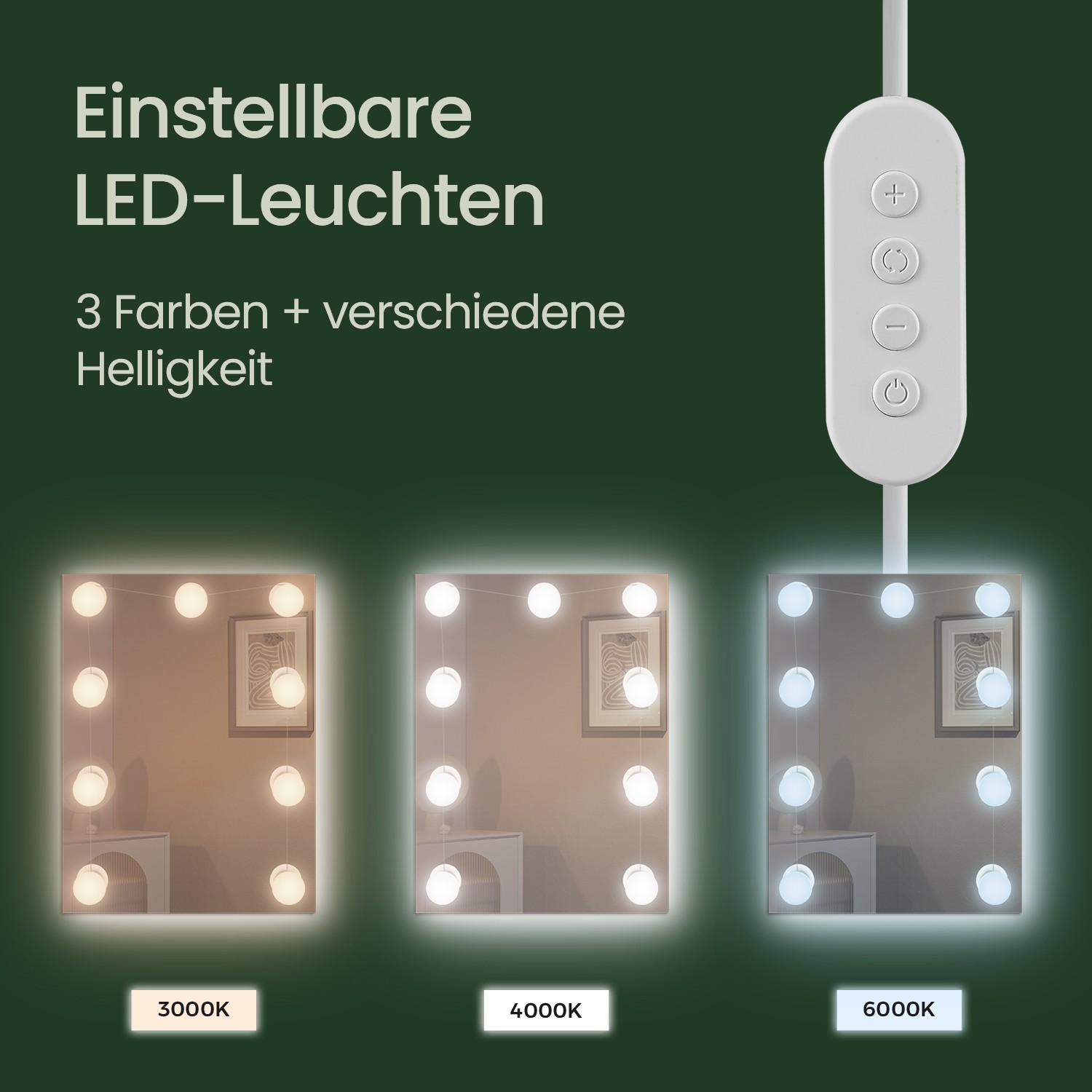 Kosmētikas galds ar spoguli un LED apgaismojumu, regulējami plaukti, 40 x 90 x 144,7 cm, balts - Image 4