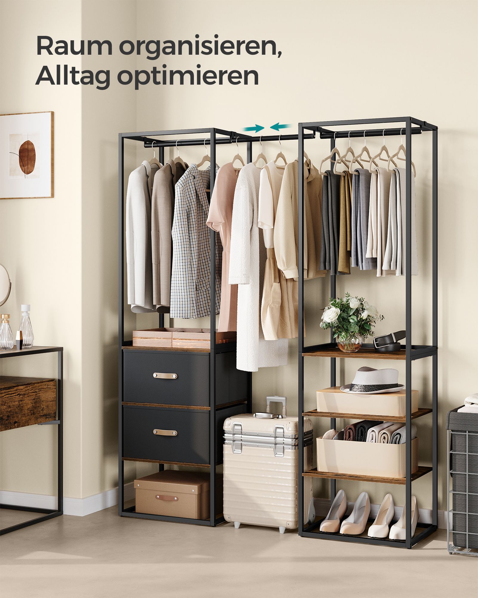 Vaateripustin 2 laatikolla ja 4 hyllyllä, teräs ja MDF, vintage-ruskea - Image 3