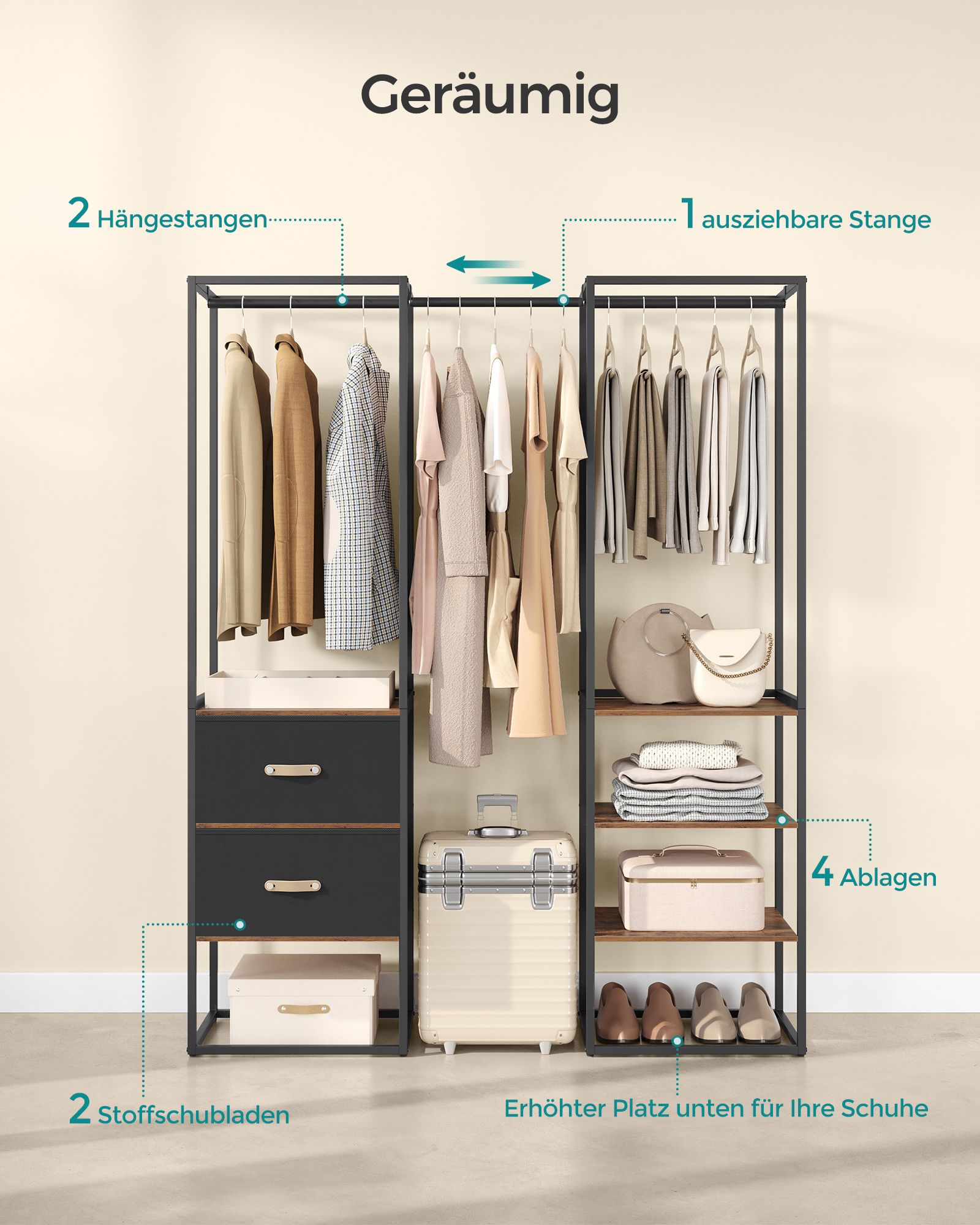 Vaateripustin 2 laatikolla ja 4 hyllyllä, teräs ja MDF, vintage-ruskea - Image 5