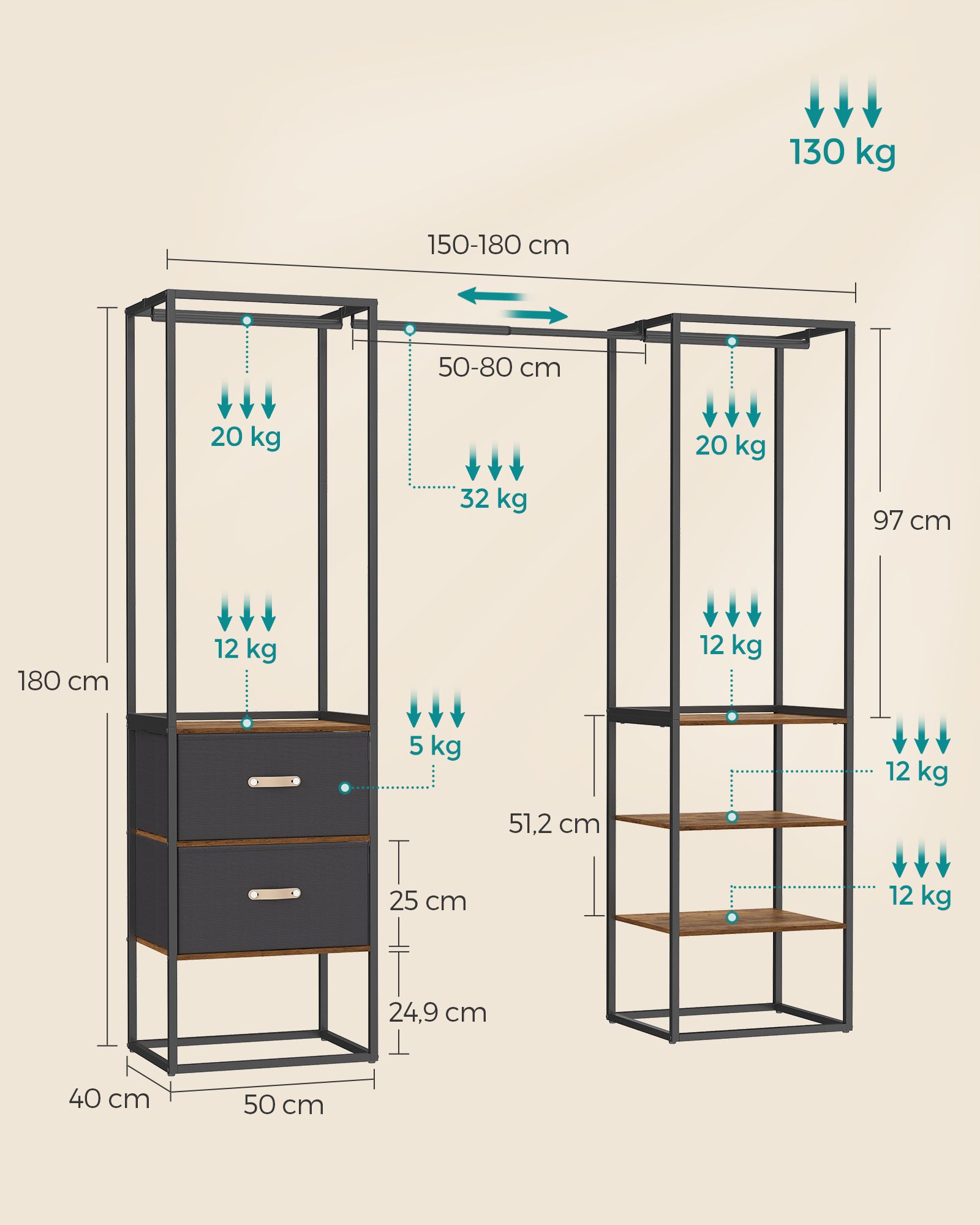 Vaateripustin 2 laatikolla ja 4 hyllyllä, teräs ja MDF, vintage-ruskea - Image 6