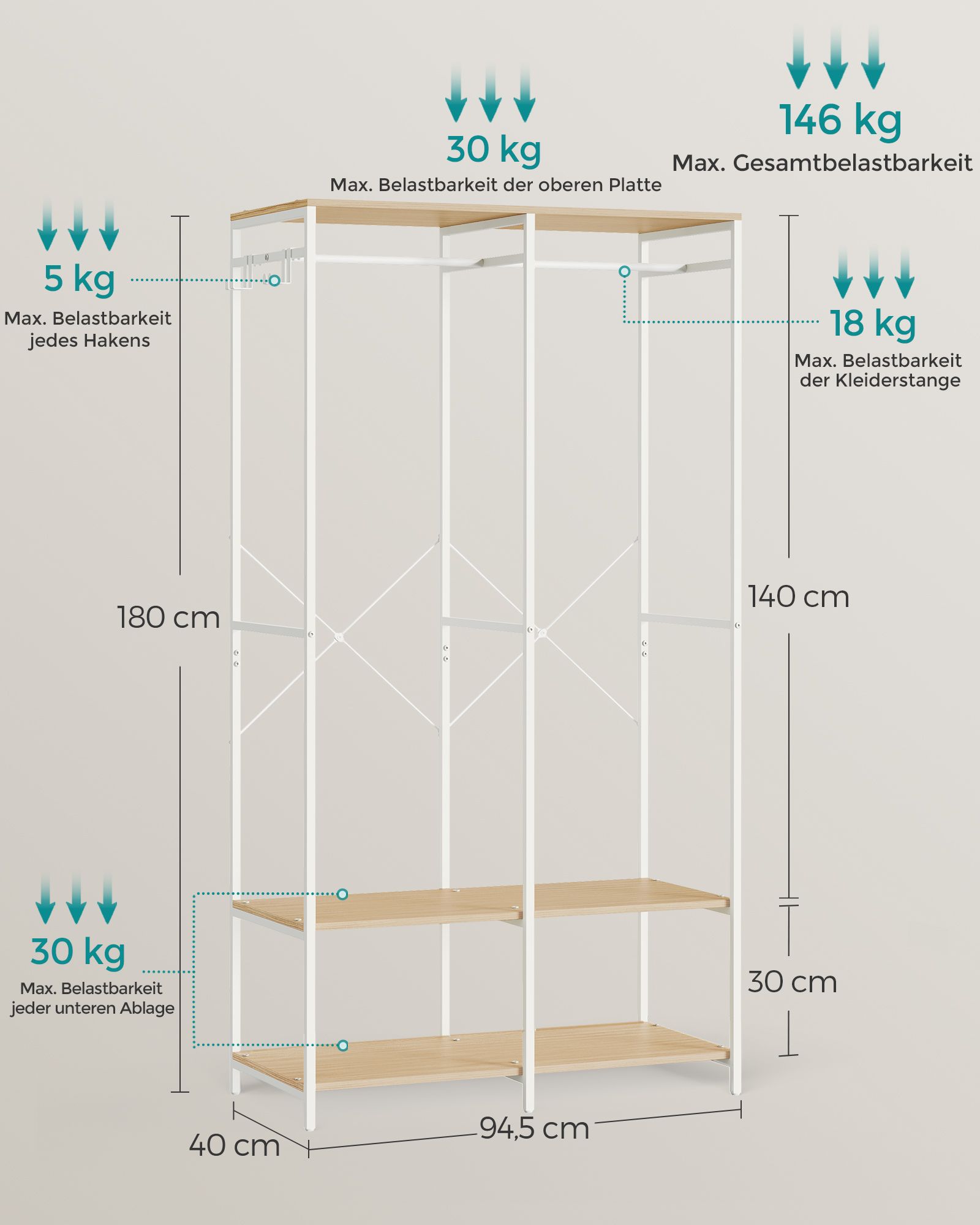 Atvira drabužių spinta su drabužių kabykla ir lentynomis, natūraliai smėlinė, 40 x 94,5 x 180 cm - Image 6
