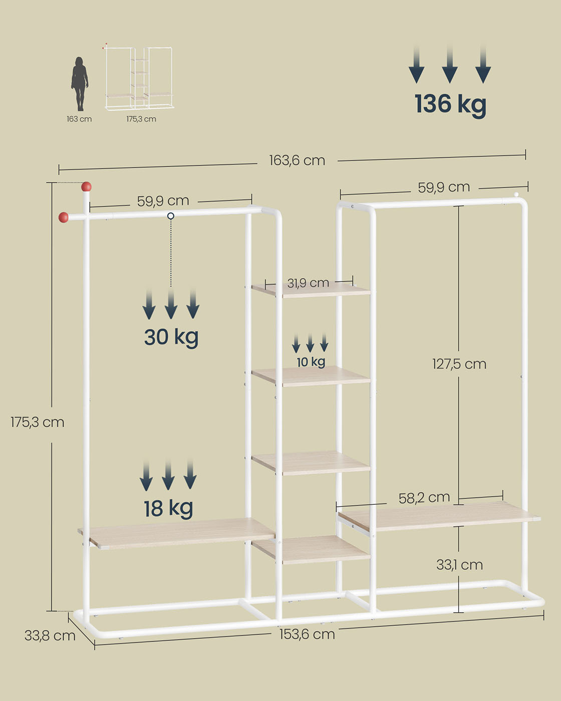 Drēbju statīvs ar 6 plauktiem un 2 pakaramajiem stieņiem, tērauds un skaidu plātne, dabīgi bēšs un matēti balts - Image 6