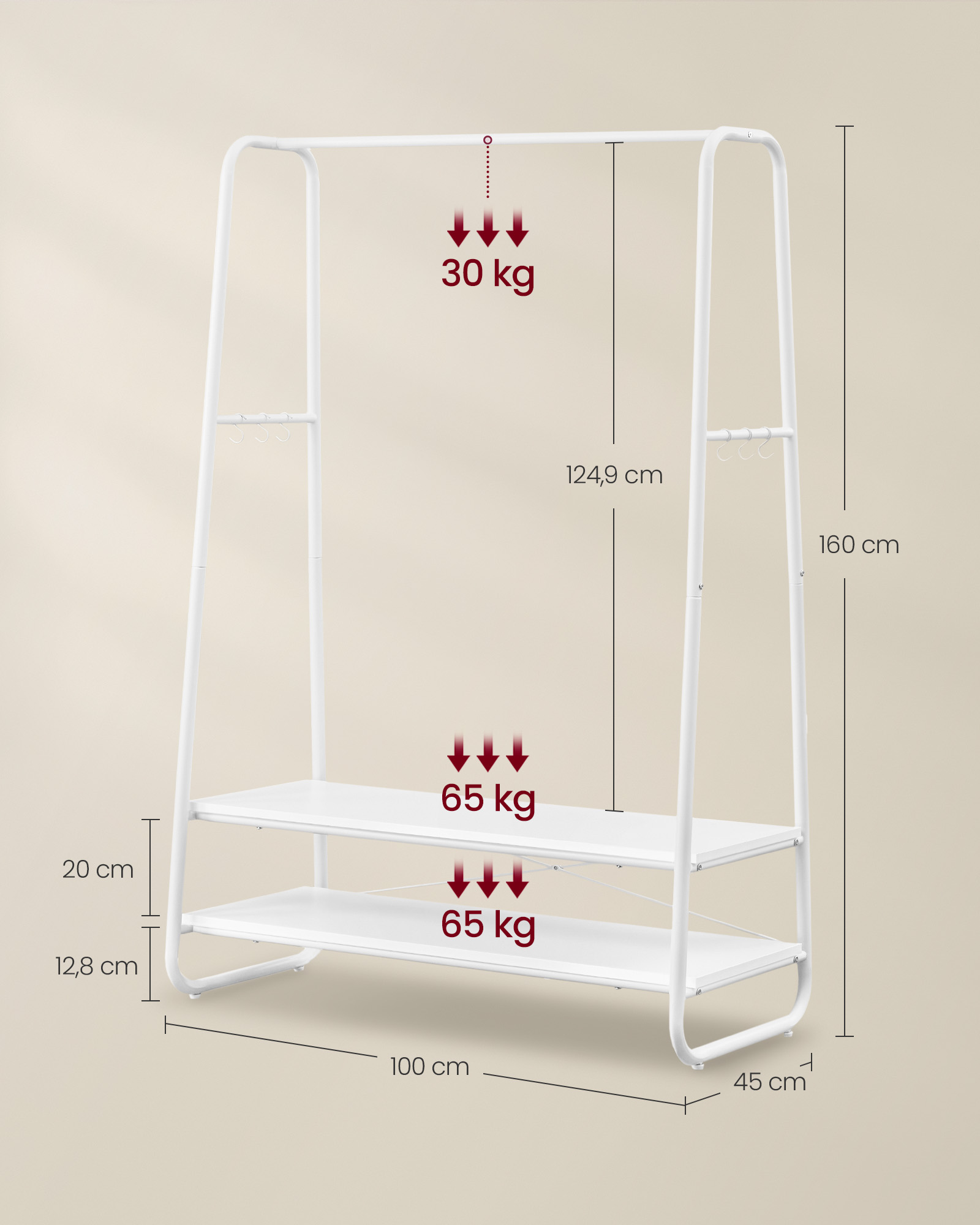 Drēbju statīvs ar 2 plauktiem un 6 S veida āķiem, 45 x 100 x 160 cm, balts - Image 6