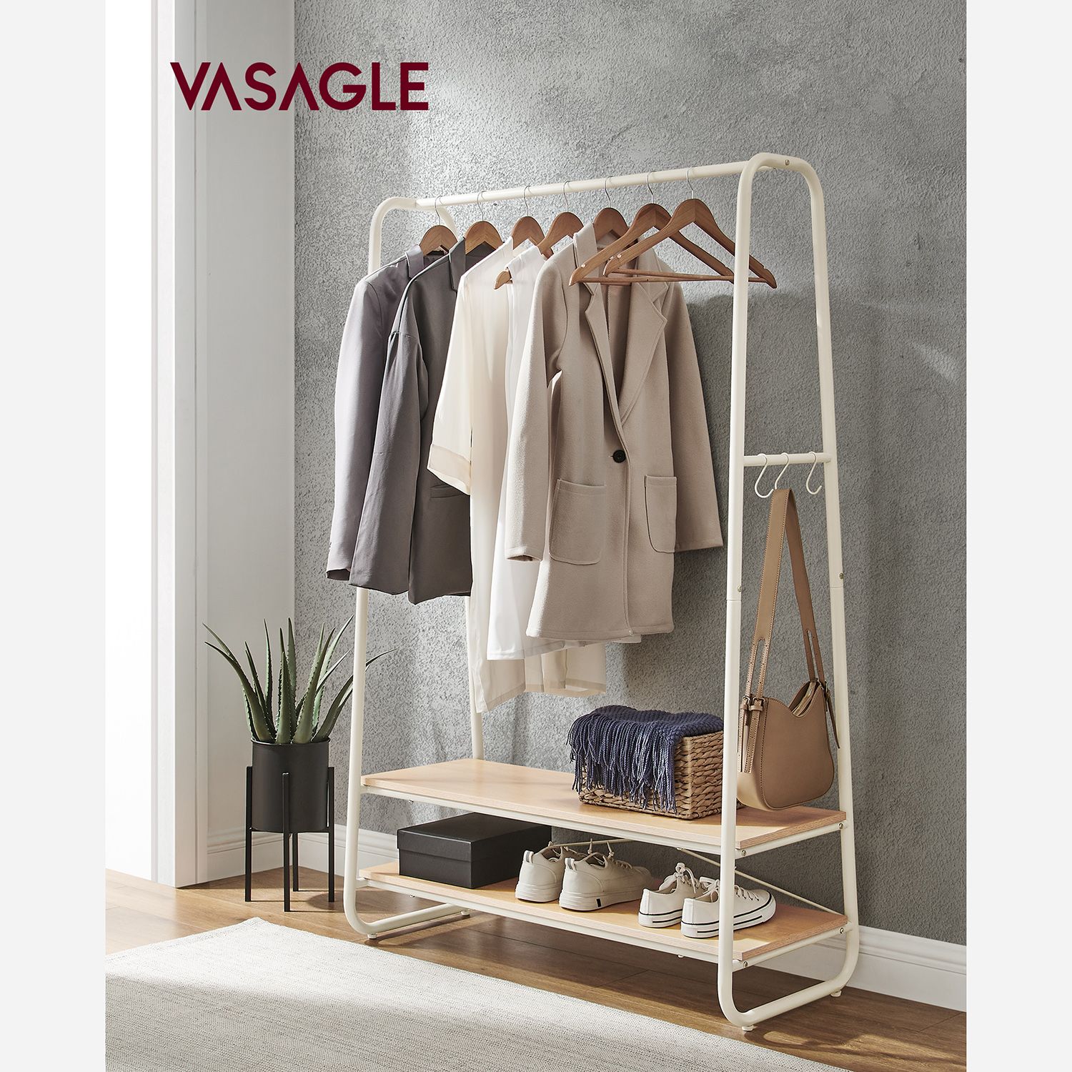Vaateteline 2 hyllyllä ja 6 S-koukulla, 45 x 100 x 160 cm, tammenvärinen ja kermanvalkoinen - Image 2