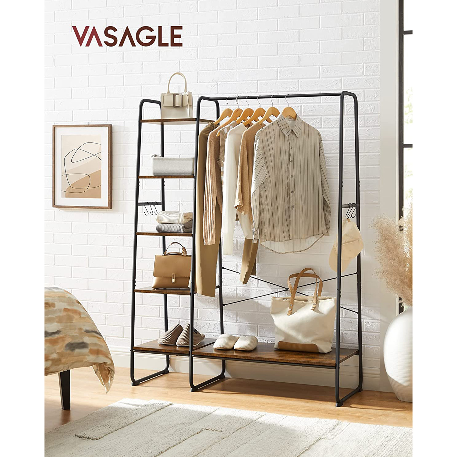 Vaateteline 5 hyllyllä, 45 x 120 x 160 cm, vaatetangolla ja 6 koukulla - Image 2