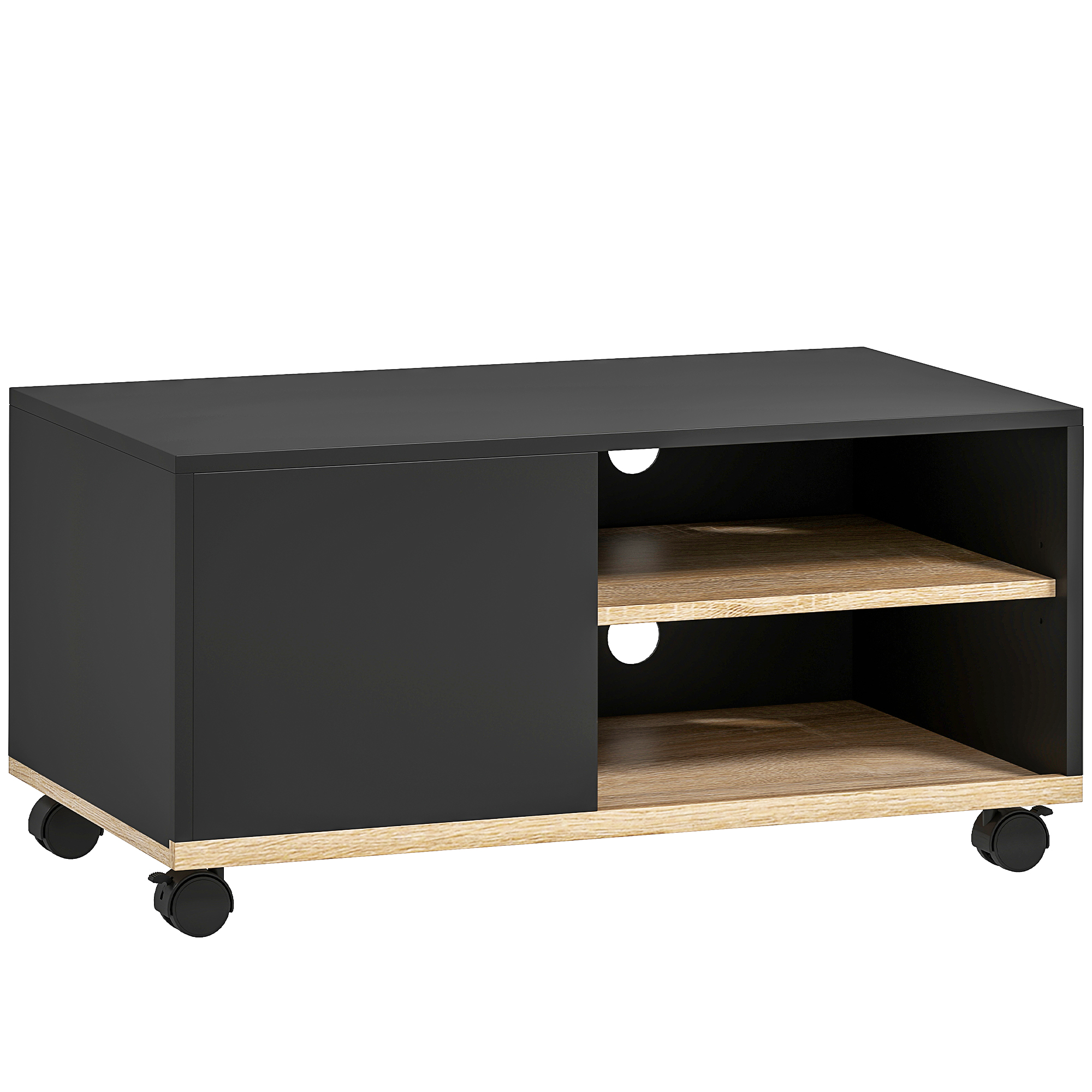 TV-alus ratastel, must ja tamme tooni, 80 x 45 x 41 cm