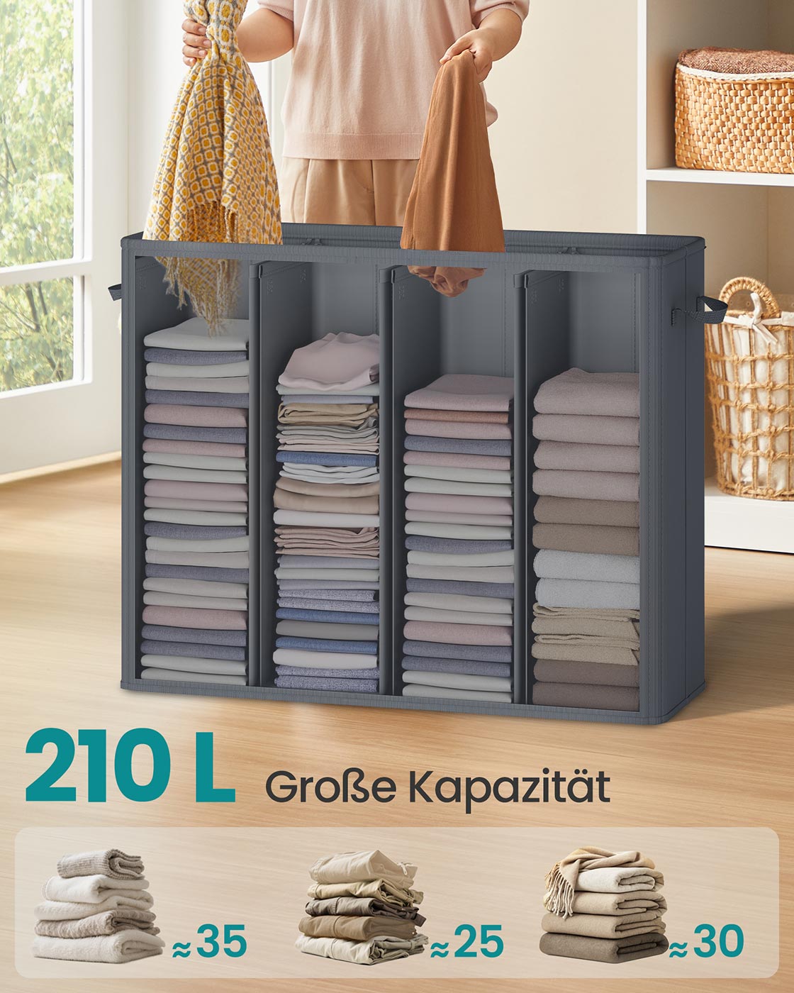 Veļas grozs ar 3 nodalījumiem, 160 l, ar vāku, tumši pelēks, 84 x 33 x 75 cm - Image 3