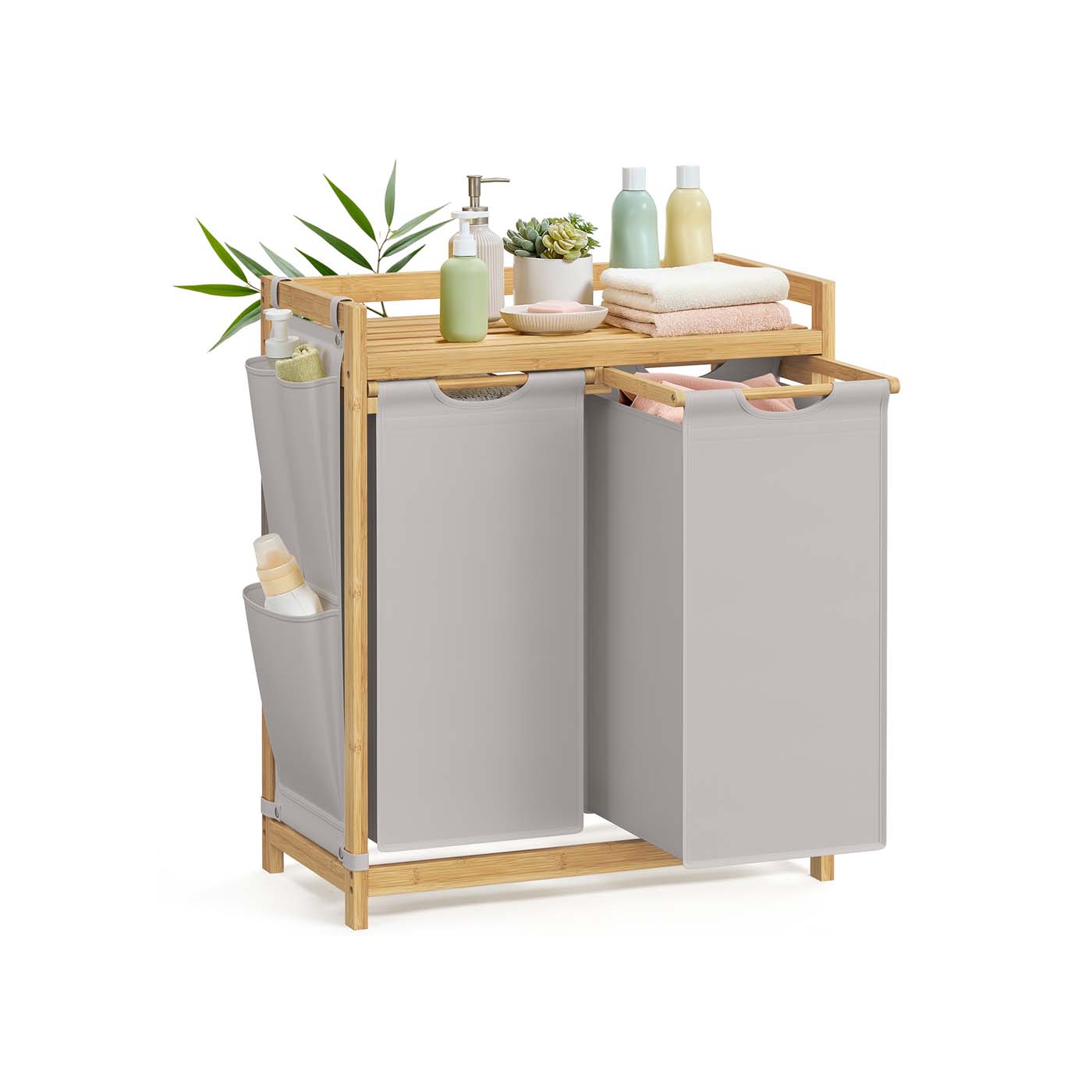 Pyykkikori 2 lokerolla, 2 x 50 l, bambu ja Oxford-kangas, 63 x 33 x 78 cm, savunharmaa