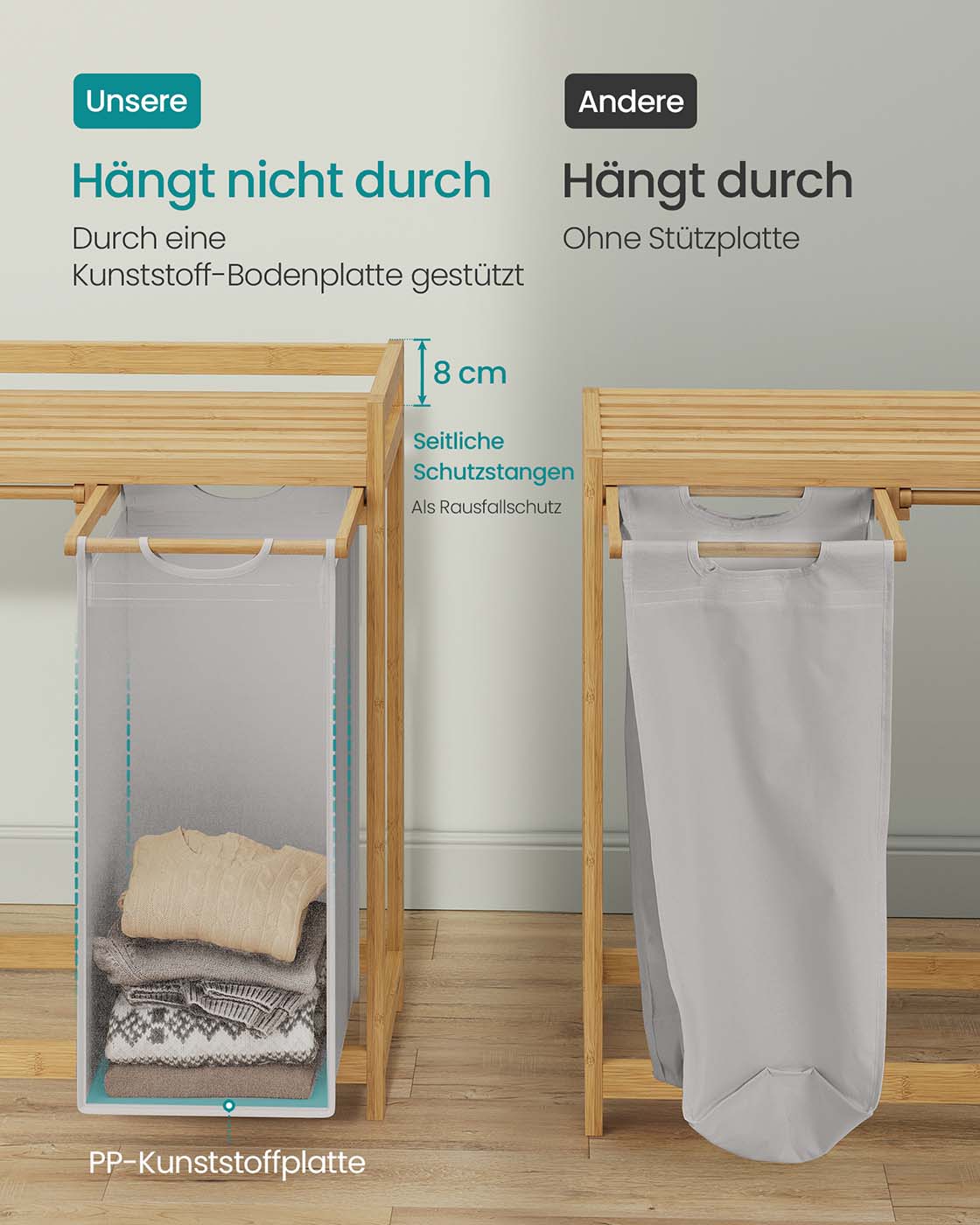 Pyykkikori 2 lokerolla, 2 x 50 l, bambu ja Oxford-kangas, 63 x 33 x 78 cm, savunharmaa - Image 5