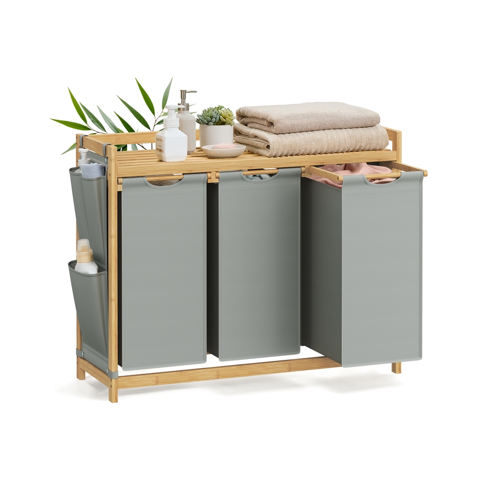3 sektsiooniga pesukorv riiuliga, 150 l, bambus, 94 x 33 x 78 cm, tuvihall
