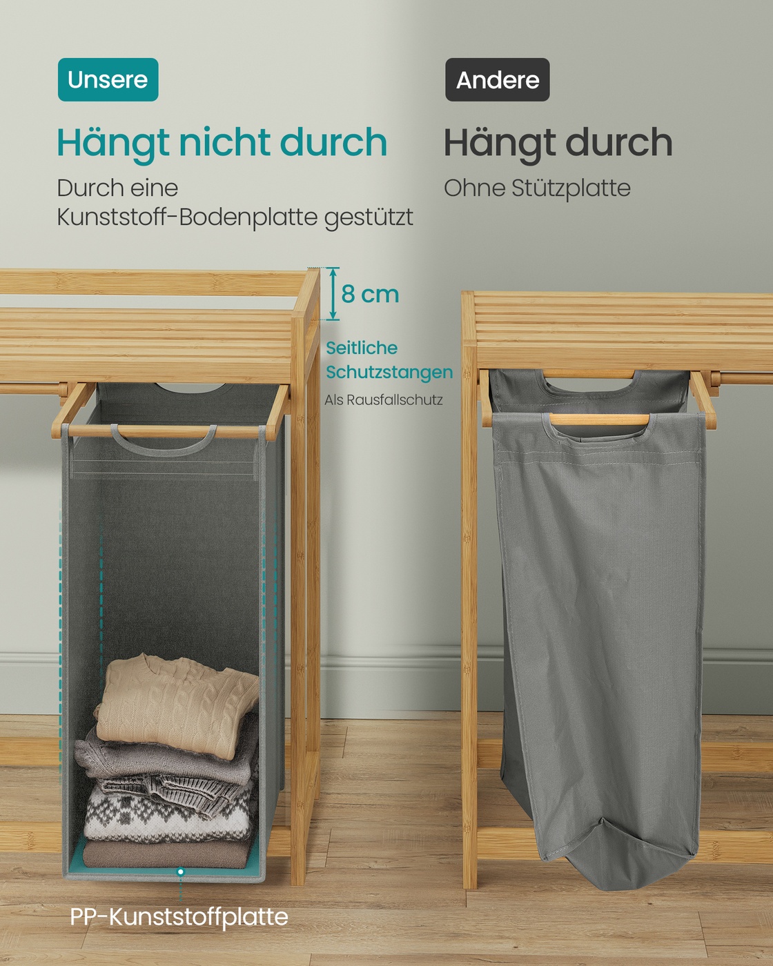Veļas grozs ar 3 nodalījumiem, 150 l, bambusa, 94 x 33 x 78 cm, baložpelēks - Image 5