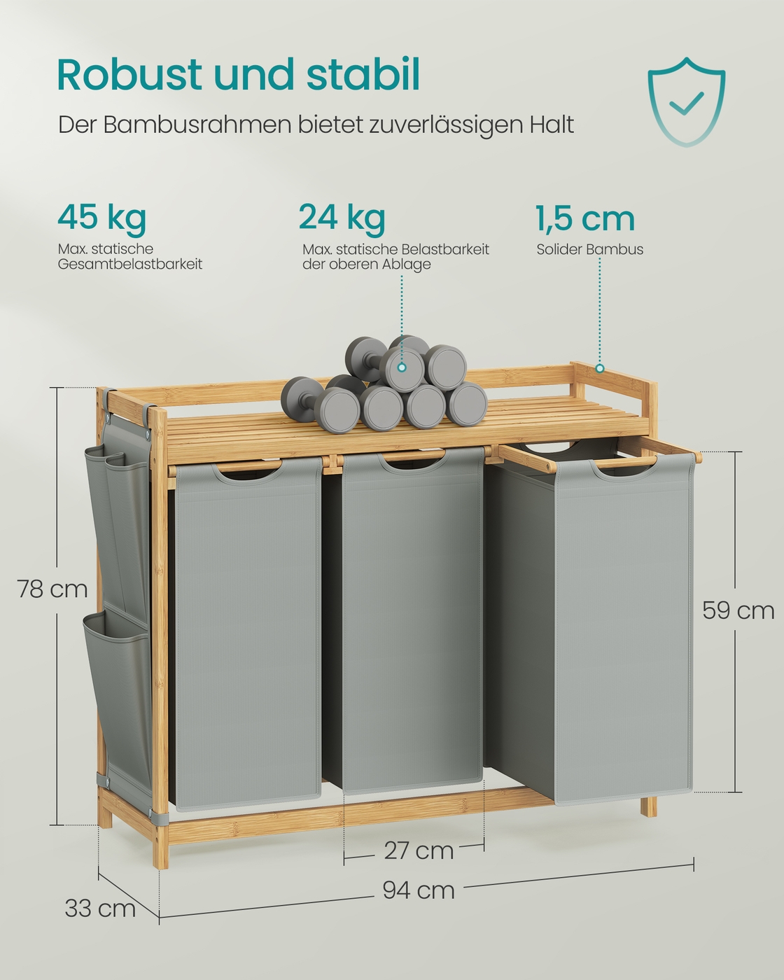 Veļas grozs ar 3 nodalījumiem, 150 l, bambusa, 94 x 33 x 78 cm, baložpelēks - Image 6