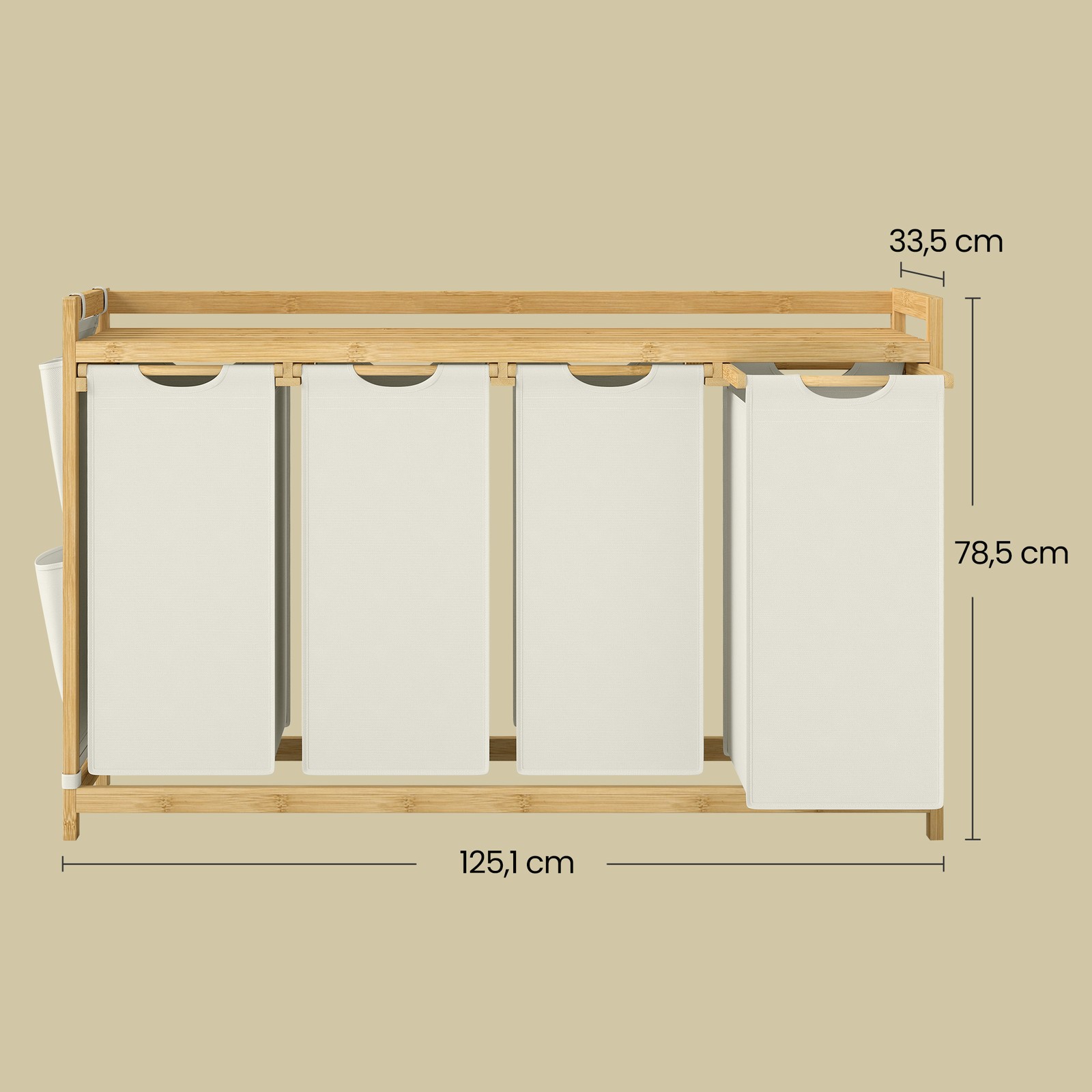 Veļas šķirošanas grozs ar 4 nodalījumiem, bambusa, balts, 200 l, 124,6 x 33 x 78 cm - Image 3
