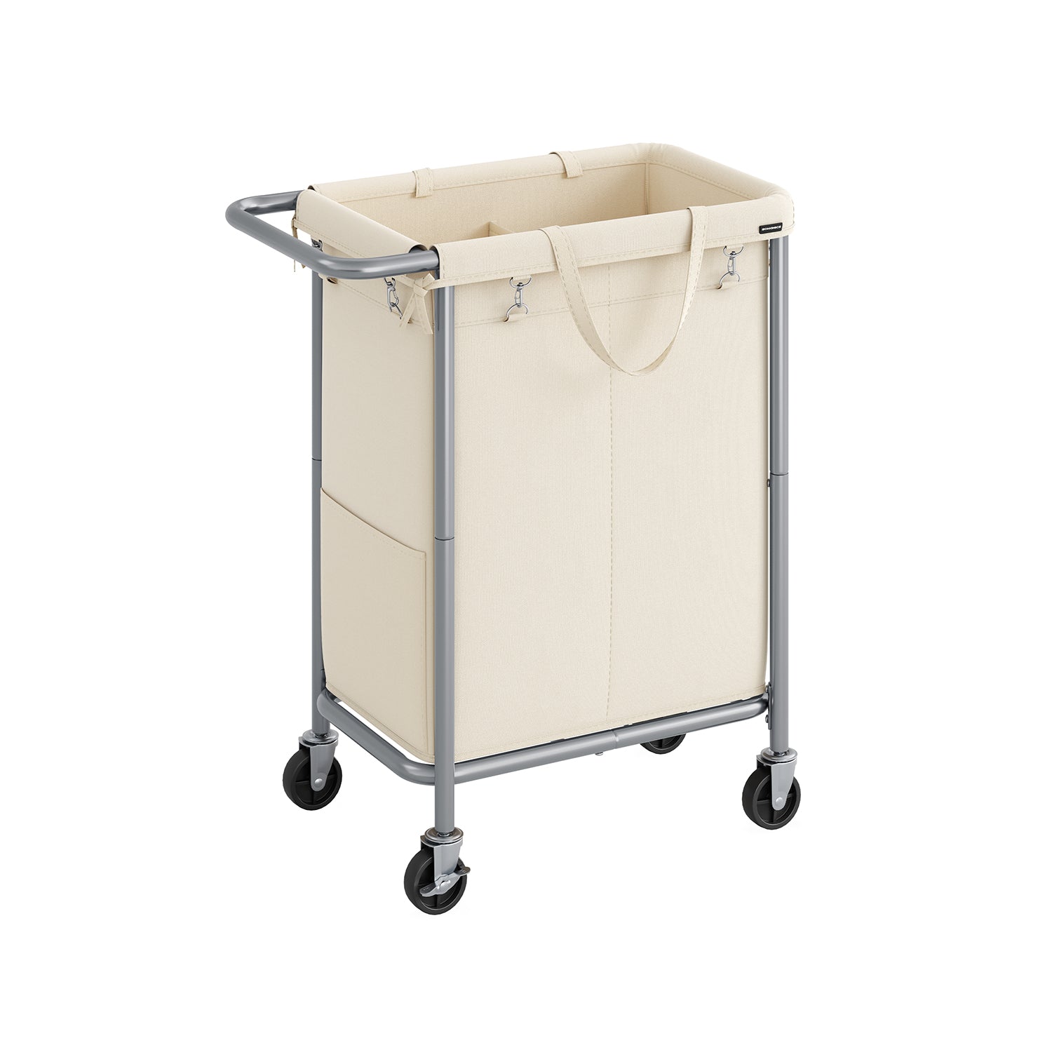 2 sektsiooniga pesukorv, 90 l, 69 x 39 x 81 cm, kreemvalge, rataste ja käepidemega