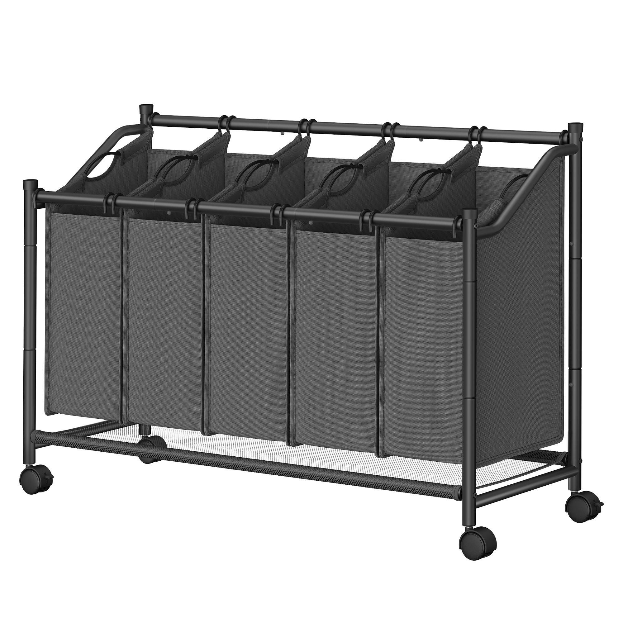 Veļas šķirošanas grozs ar riteņiem, 175 l, 4 maisi, pelēks, 106,5 x 38,5 x 81,5 cm
