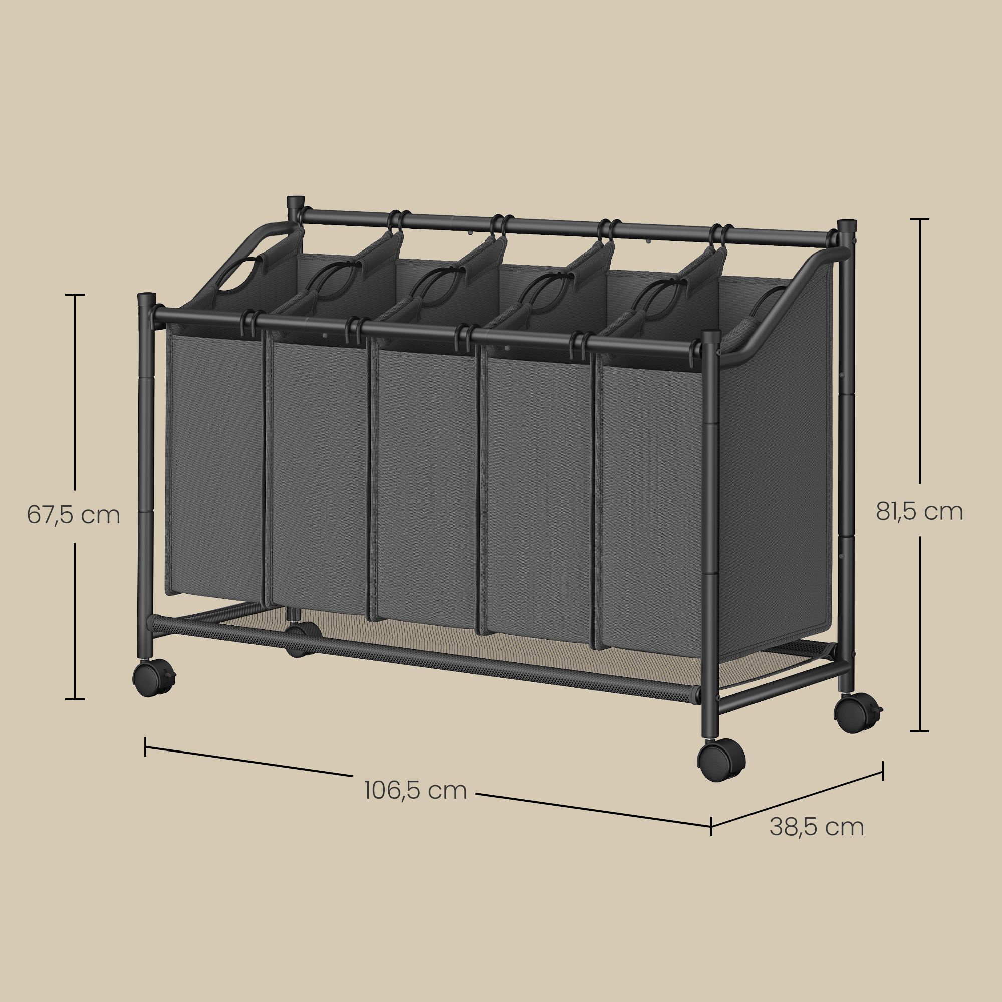 Veļas šķirošanas grozs ar riteņiem, 175 l, 4 maisi, pelēks, 106,5 x 38,5 x 81,5 cm - Image 3
