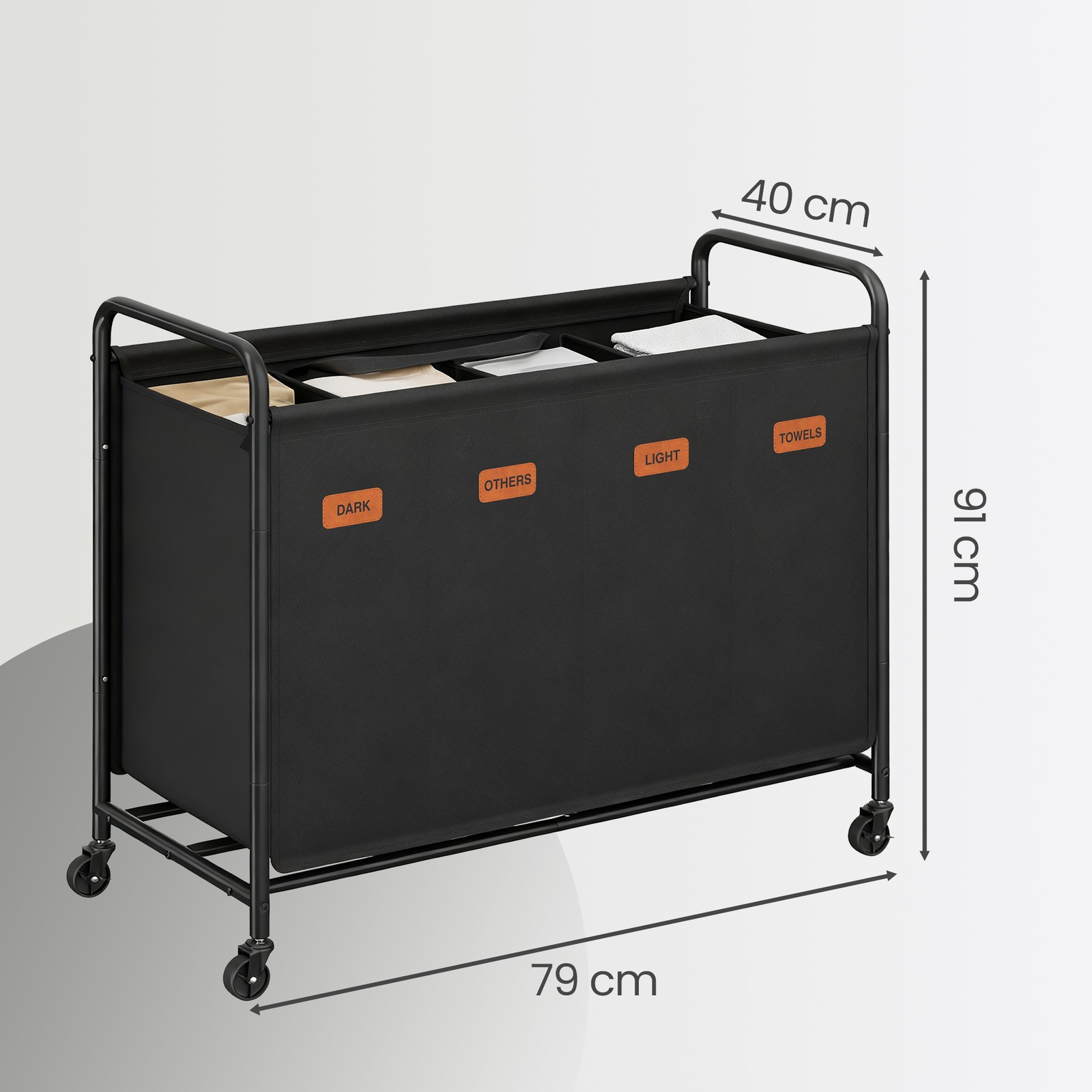 Veļas šķirošanas rati ar 4 nodalījumiem, 200 l, uz riteņiem, 79 x 40 x 91 cm - Image 3