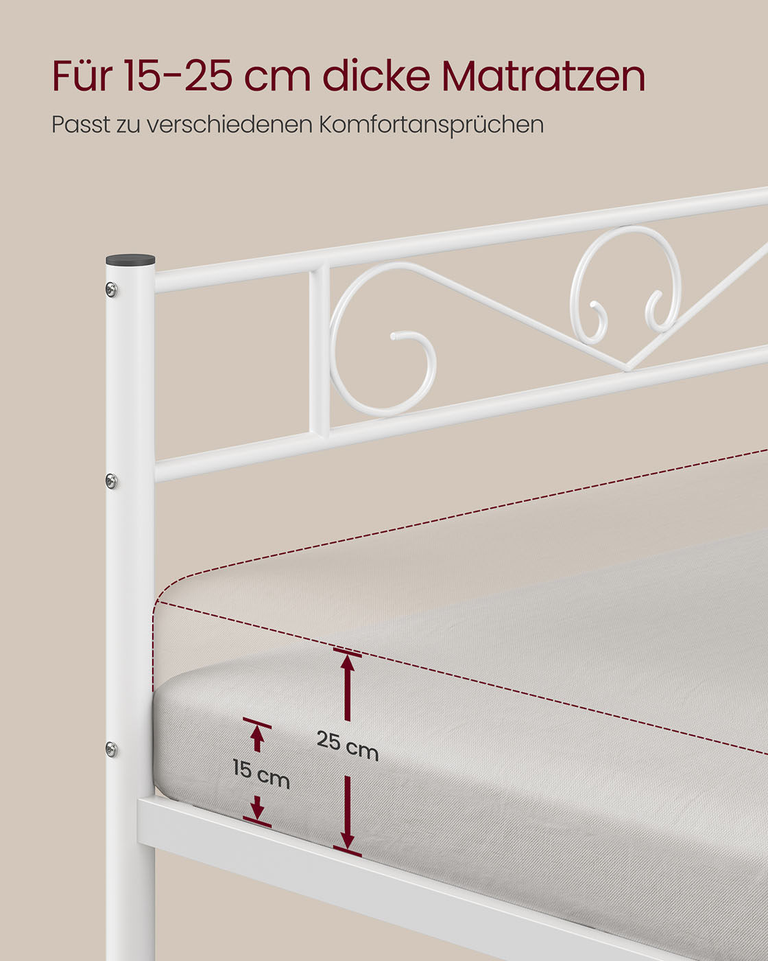 Viengulės lovos rėmas iš metalo, 208 x 91,8 x 86,4 cm, matinis baltas - Image 4