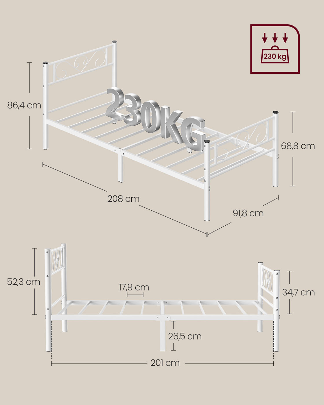 Viengulės lovos rėmas iš metalo, 208 x 91,8 x 86,4 cm, matinis baltas - Image 6