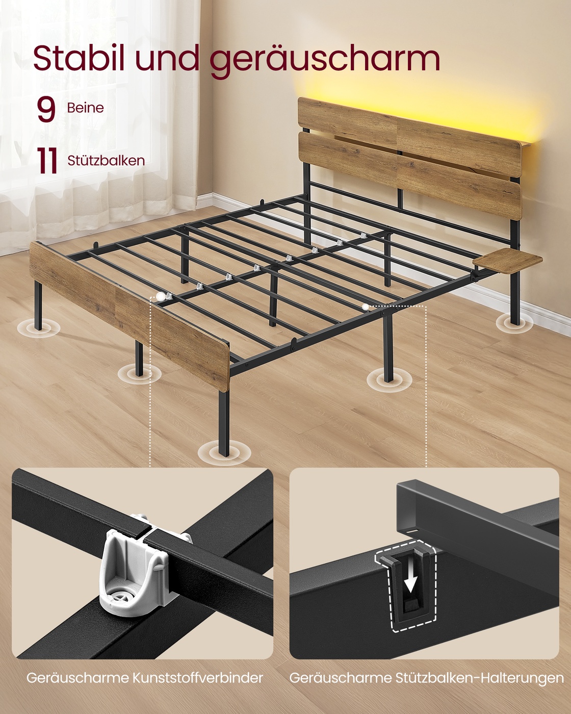 Dvigulės lovos rėmas 140 x 200 cm, plieninis, su LED apšvietimu, natūraliai rudas - Image 4
