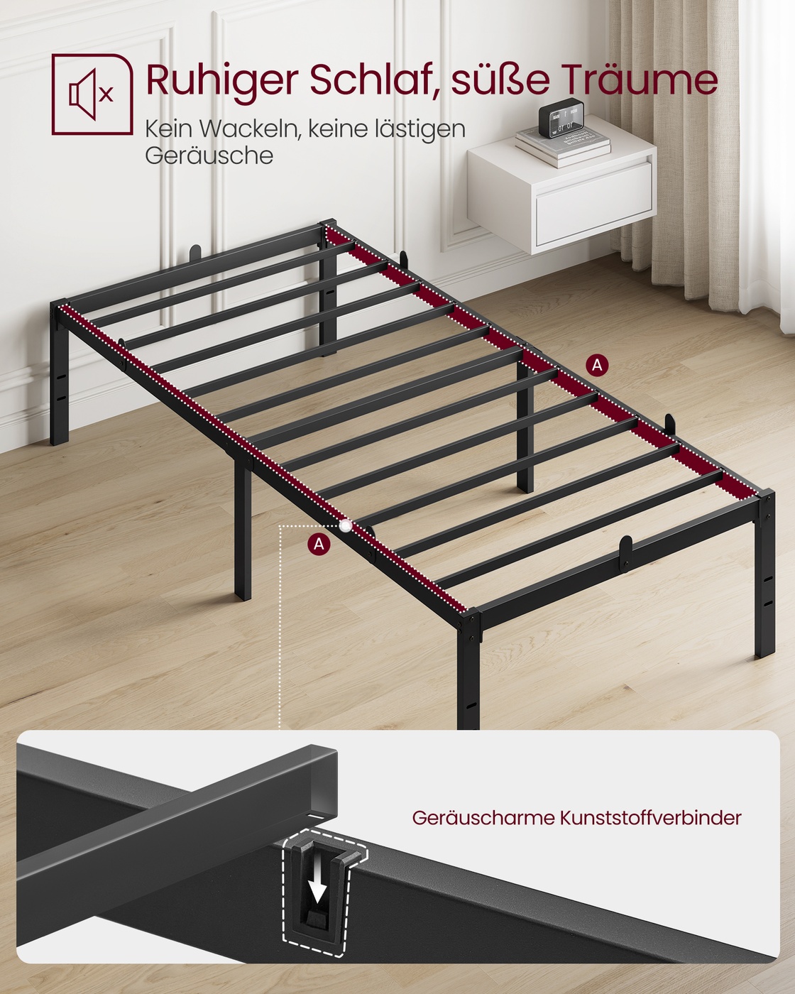 Yhden hengen metallinen sängynrunko 90 x 200 cm, teräs, musta, säilytystilalla sängyn alla - Image 3
