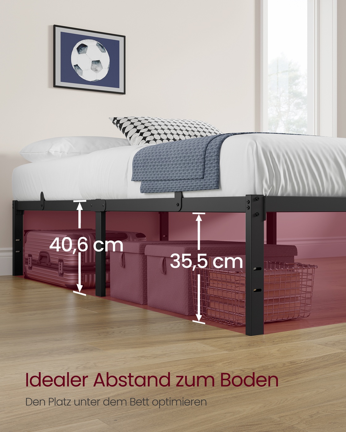 Yhden hengen metallinen sängynrunko 90 x 200 cm, teräs, musta, säilytystilalla sängyn alla - Image 6