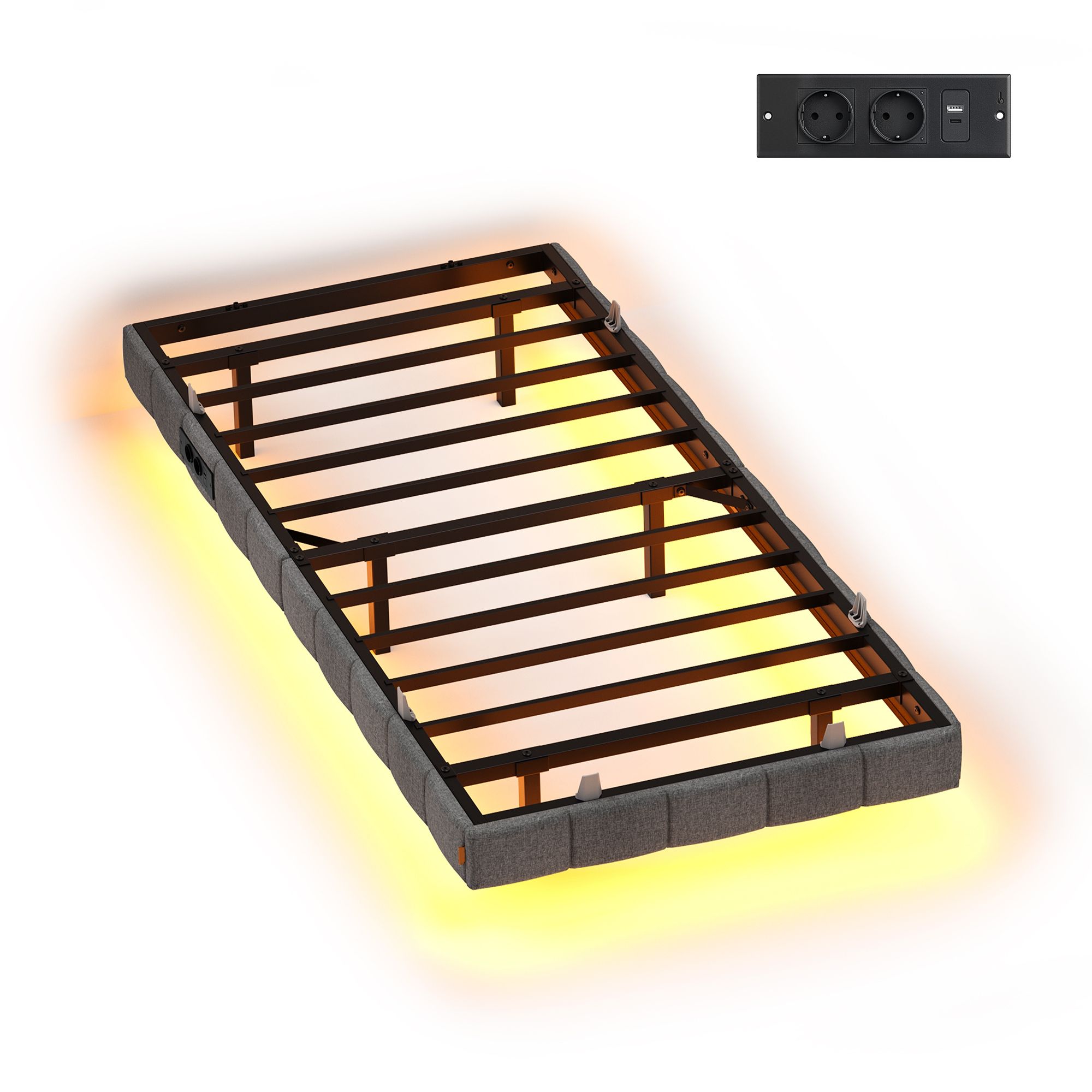 Voodiraam 90 x 200 cm LED-valgustusega, hall, teras ja vineer