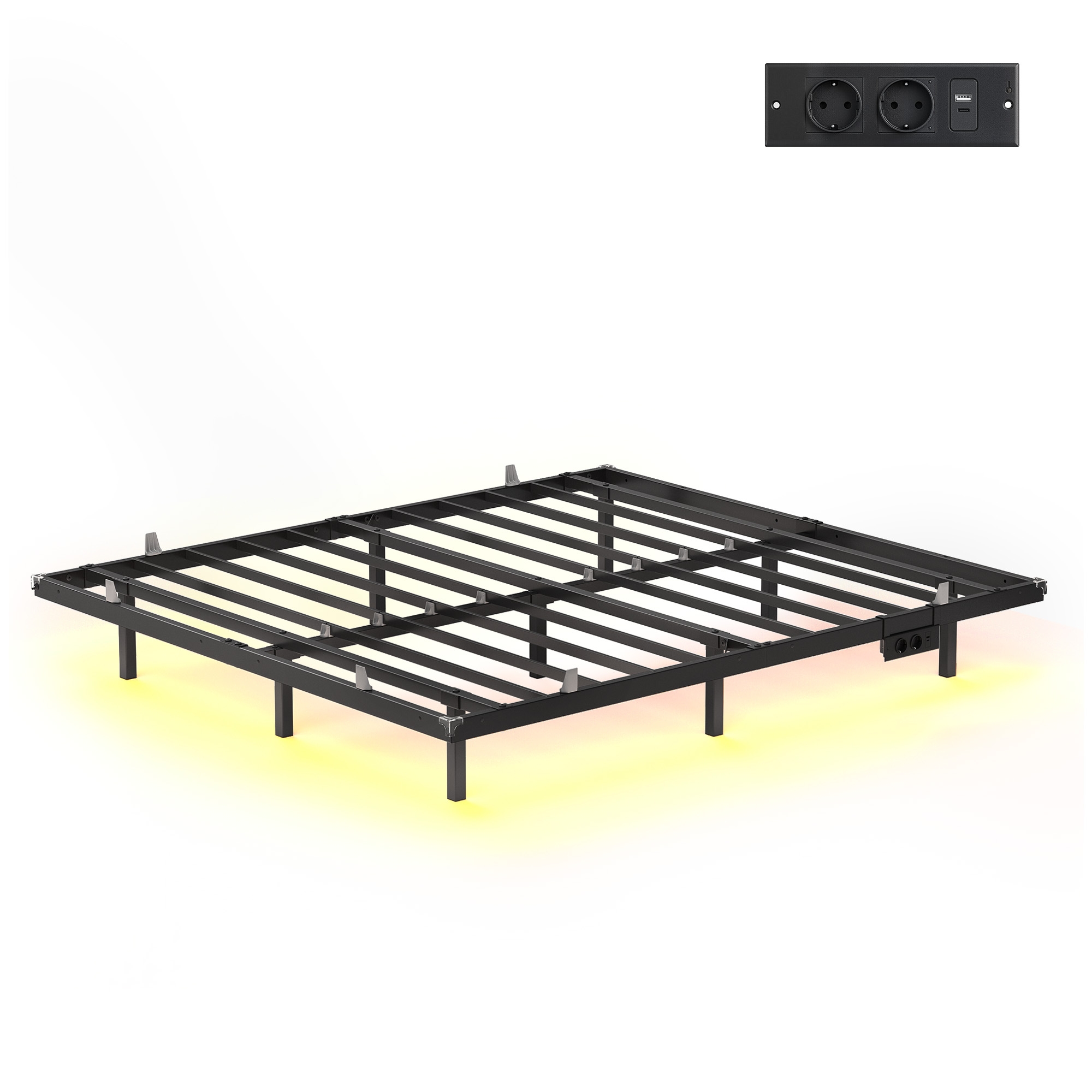 Voodiraam 160 x 200 cm, terasest, LED-valgustuse, USB-C ühenduse ja pistikupesaplokiga, must