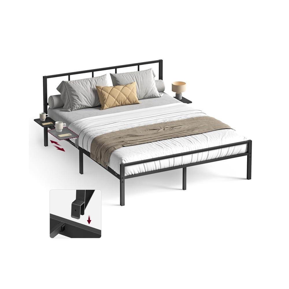 Metallist voodiraam hoiuriiulitega, must, teras, 206,5 x 140,5 x 87 cm