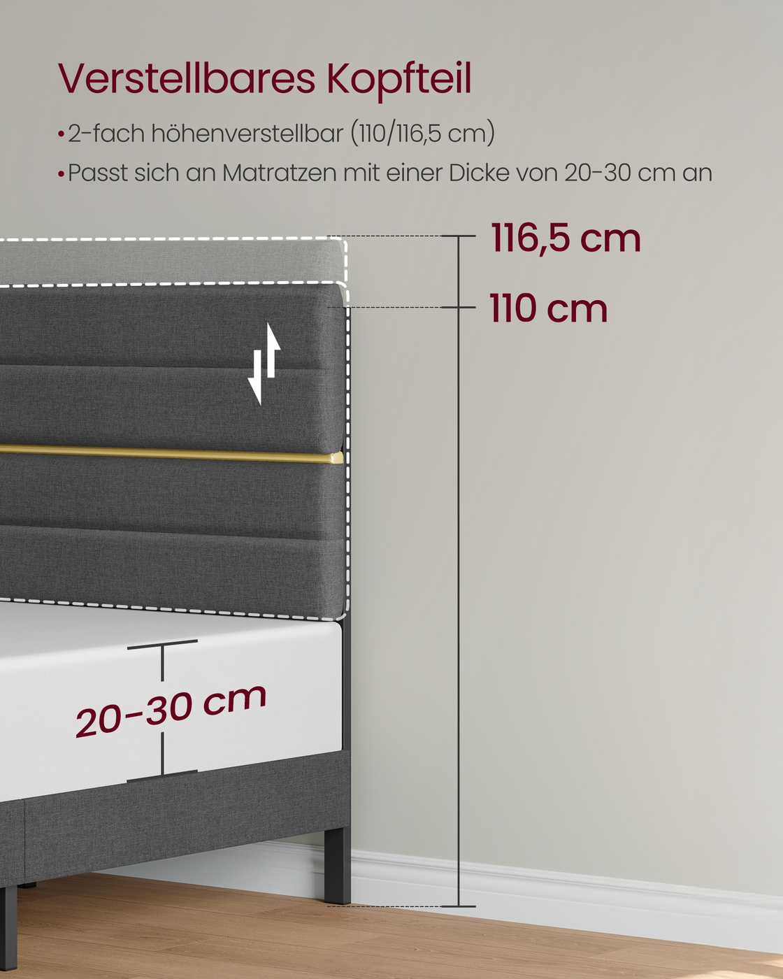 Dvigulės lovos rėmas su paminkštintu reguliuojamu galvūgaliu, pilkai skalūno sp., 202 x 90 x 110/116,5 cm - Image 6