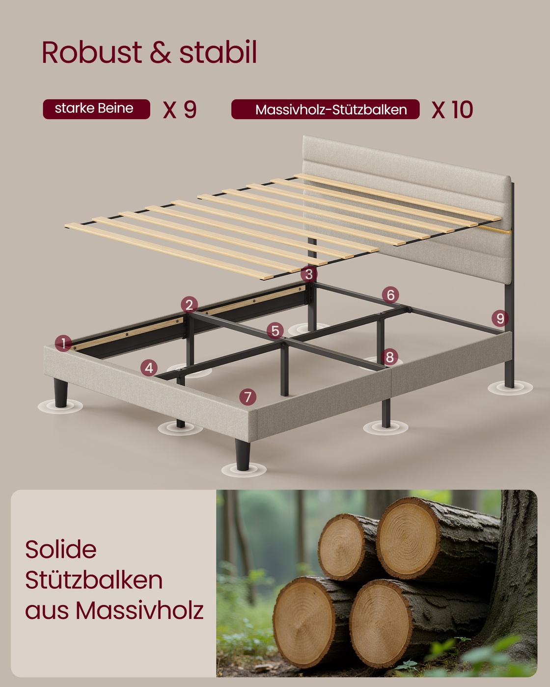 Divguļamās gultas rāmis 140 x 190 cm matracim, regulējams polsterēts galvgalis, kapučīno bēšs - Image 4