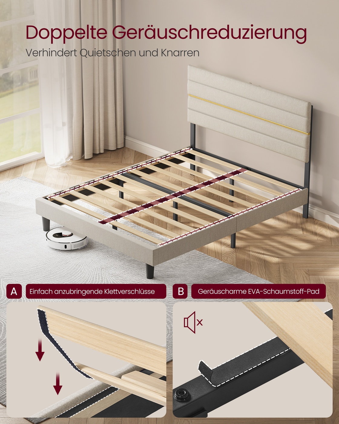 Divguļamās gultas rāmis 140 x 190 cm matracim, regulējams polsterēts galvgalis, kapučīno bēšs - Image 5